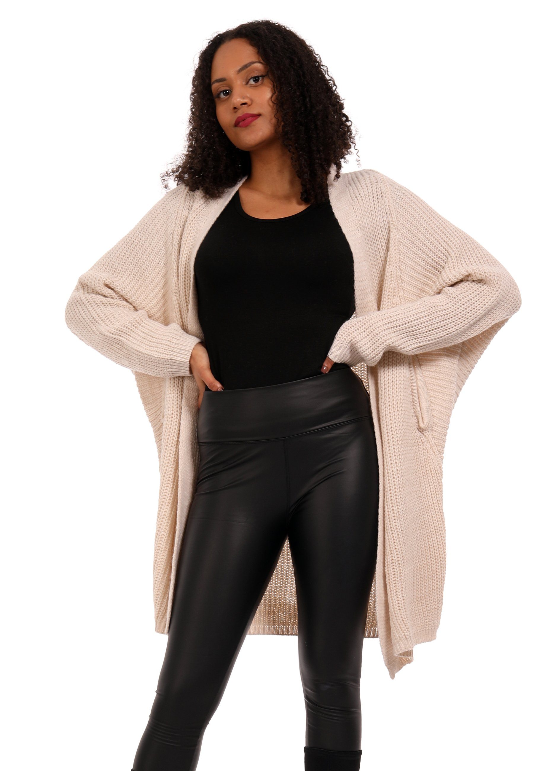 Fashion Cardigan Oversize Ärmeln langen (1-tlg) Strickjacke & YC casual, Cardigan wollweiß Plus mit Style verschlusslos Basic-Form Size