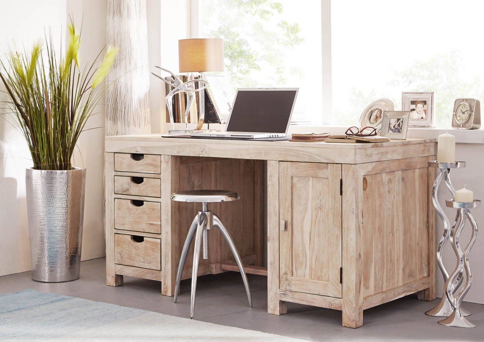 Massivmoebel24 Schreibtisch NATURE WHITE Akazie Massivholz beige (Massivholz montiert 94 kg NATURE WHITE #70), Akazie 150x75x78 cm (BxTxH) beige getüncht