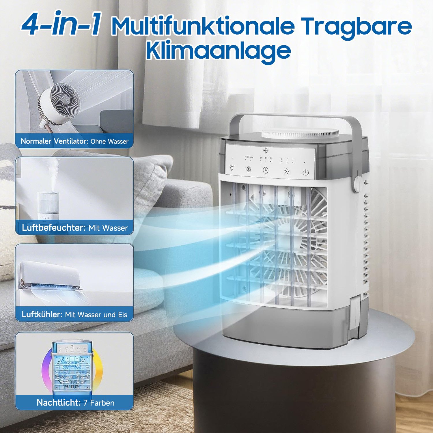 MOPUEA Ventilatorkombigerät Tragbarer Luftkühler Klimaanlage Luftbefeuchter 1000ML Wassertank, 4-in-1-Multifunktion-Kühlgebläse mit großem Fassungsvermögen