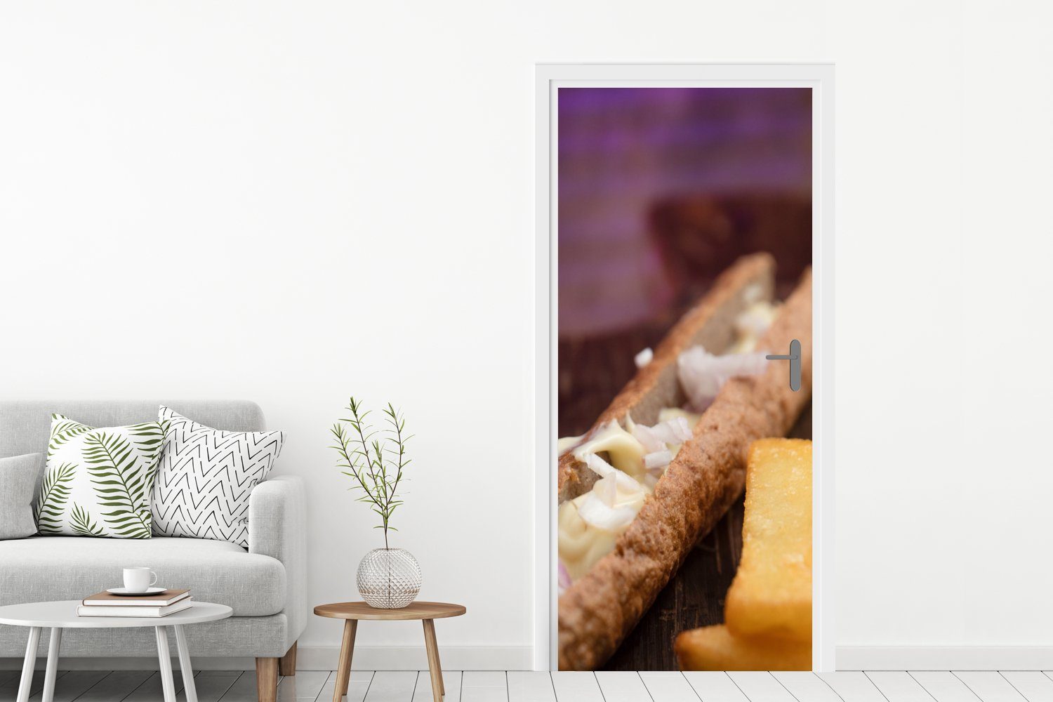 Tür, Fototapete bedruckt, (1 auf Frikandel Holzbrett, MuchoWow frites für Matt, St), Ein kleinen Türtapete einem cm 75x205 mit Türaufkleber, Pommes
