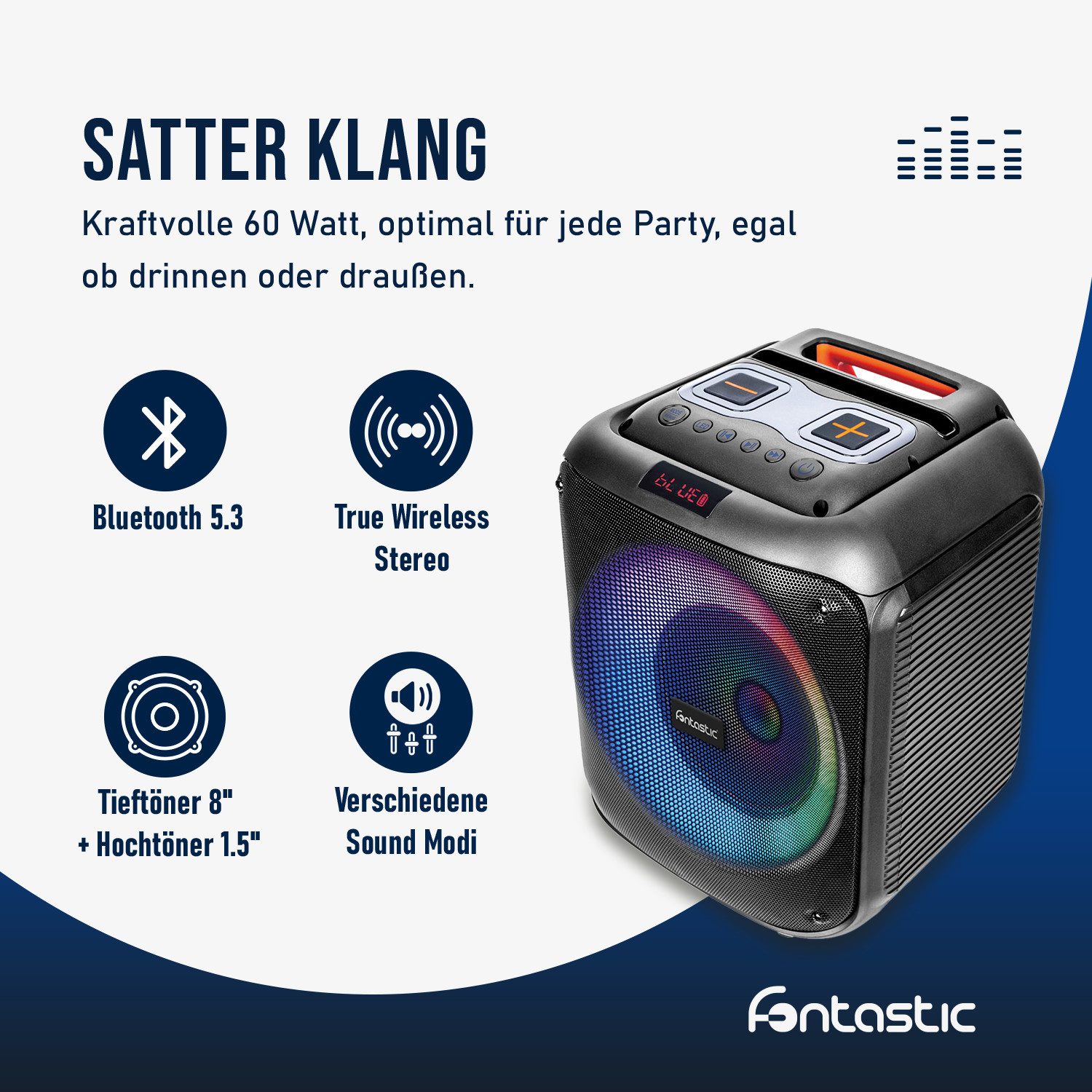 fontastic Lizz Party-Lautsprecher Bluetooth Soundbox Karaoke 60W LED Bluetooth-Lautsprecher (60 W)