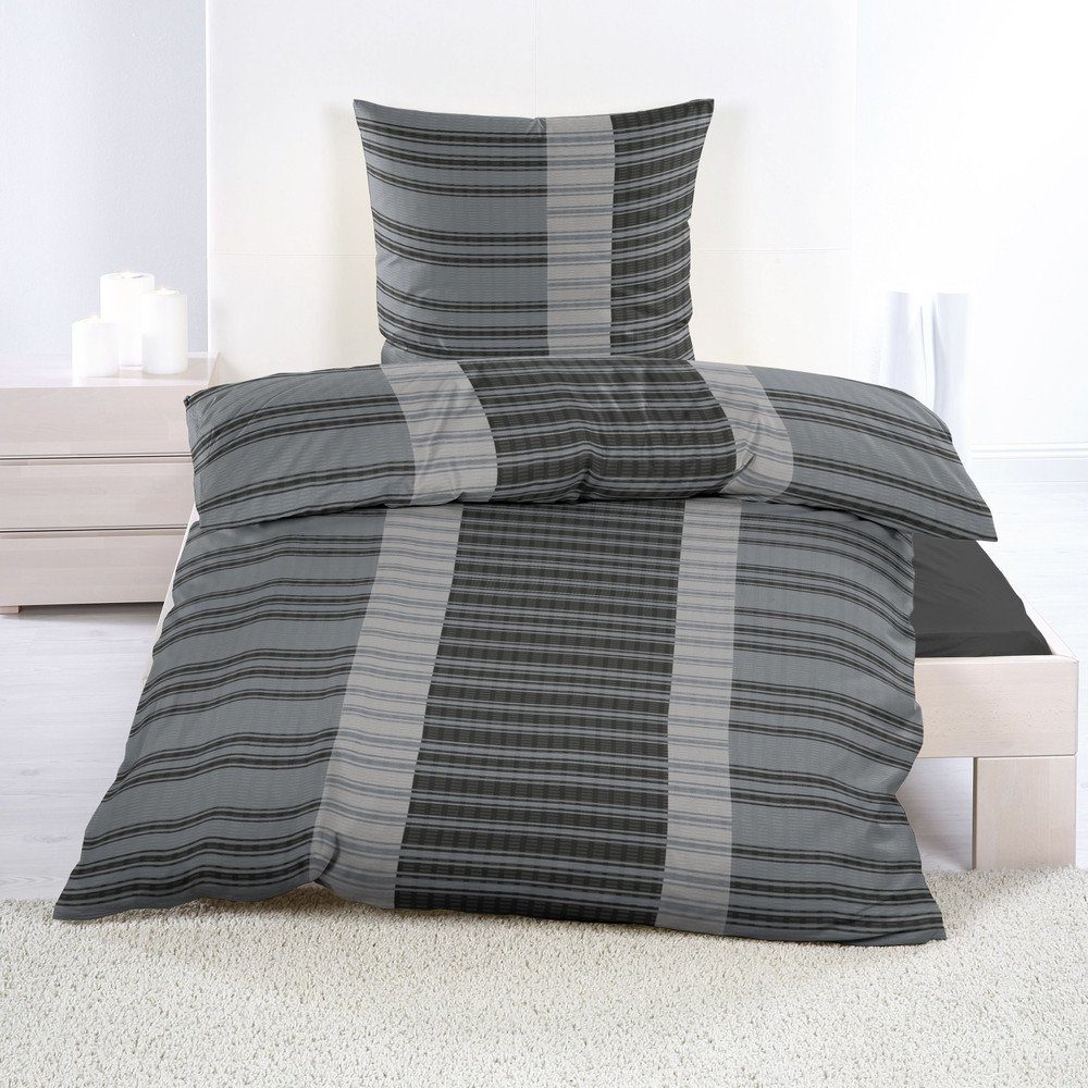 Casa Colori Bettwäsche Seersucker Garnitur 135x200 Reißverschluss Anthrazit Grau Gestreift, Seersucker, 2 teilig, leichte Bettgarnitur perfekt für den Sommer