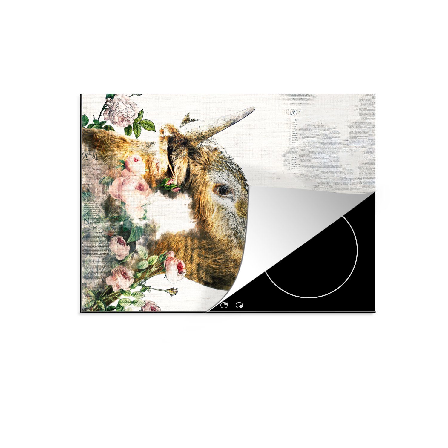 MuchoWow Herdblende-/Abdeckplatte Schottische Highlander - Blumen - Bleistift, Vinyl, (1 tlg), 71x52 cm, Induktionskochfeld Schutz für die küche, Ceranfeldabdeckung