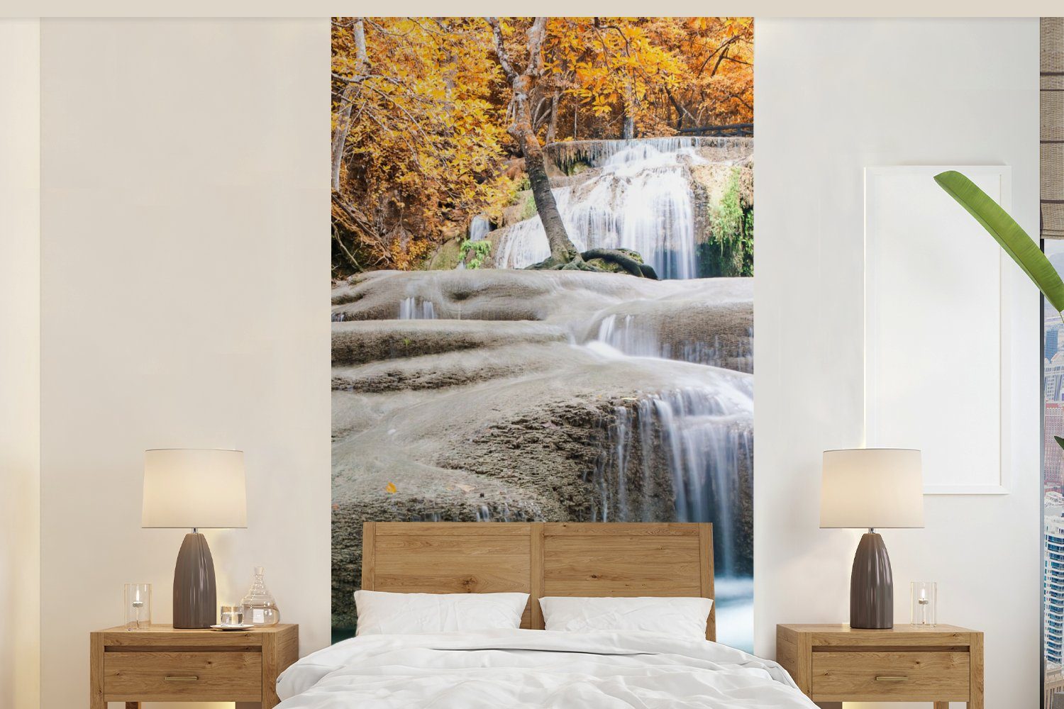 MuchoWow Fototapete Wald - bedruckt, Schlafzimmer Wasserfall Fototapete für St), Herbst, Matt, Vliestapete (2 Wohnzimmer Küche, 