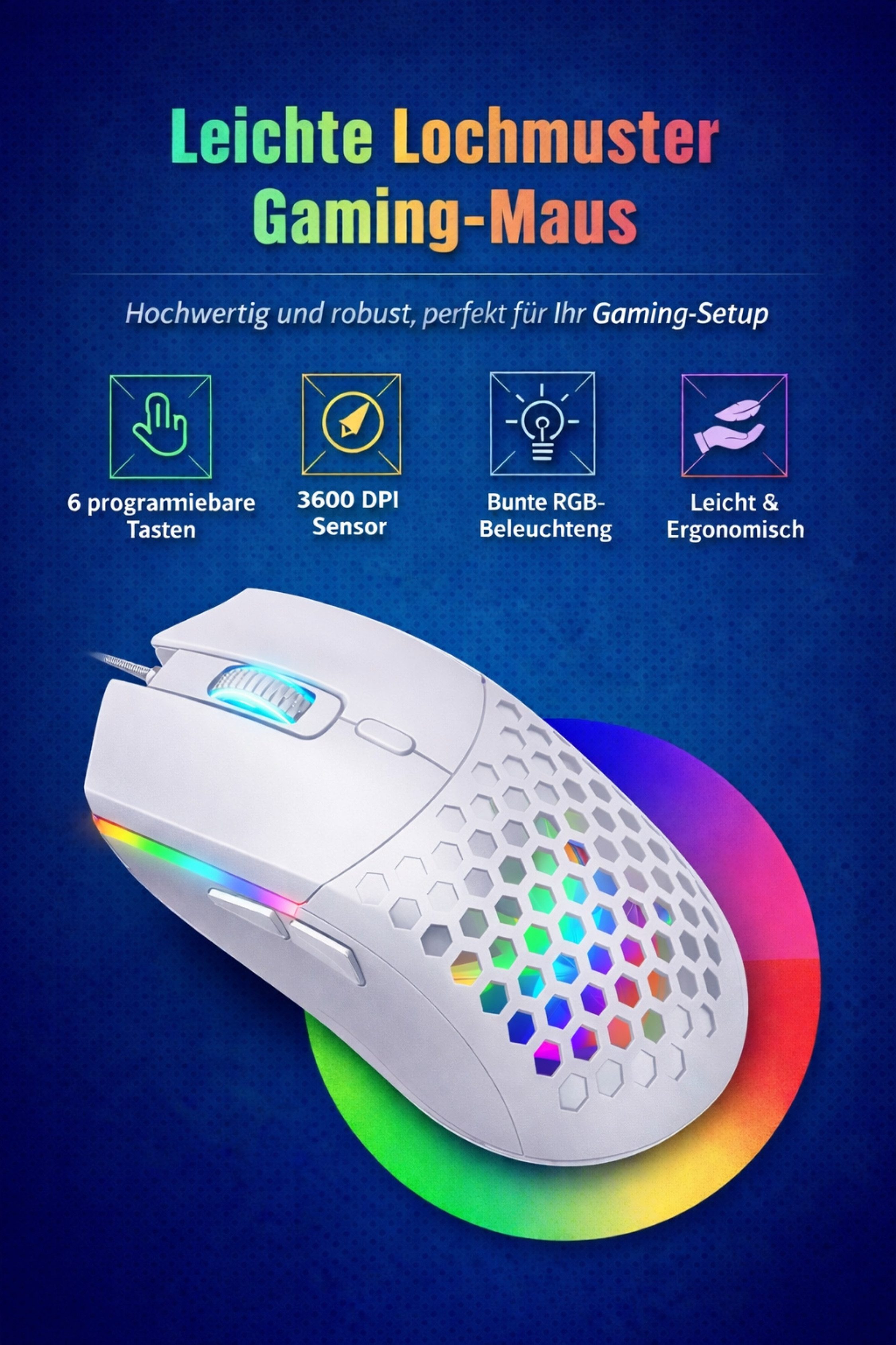 RUHE Gaming Maus RGB Kabelgebunden Maus Beleuchtung Plug & Play Laut Gaming-Maus (kabelgebunden, RGB, USB Optische Gamer Maus mit Kabel, für Spiele und Büro, 6400 dpi, 1,5M Einstellbar DPI Schwarz Weiß 6 Tasten für Laptop/PC/Mac/Computer)