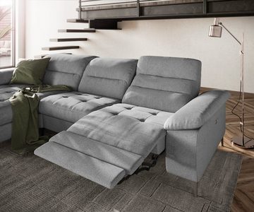 DELIFE Ecksofa Pacita, Flachgewebe Silbergrau 310x180 cm Longchair li. elektr. Relaxfunktion