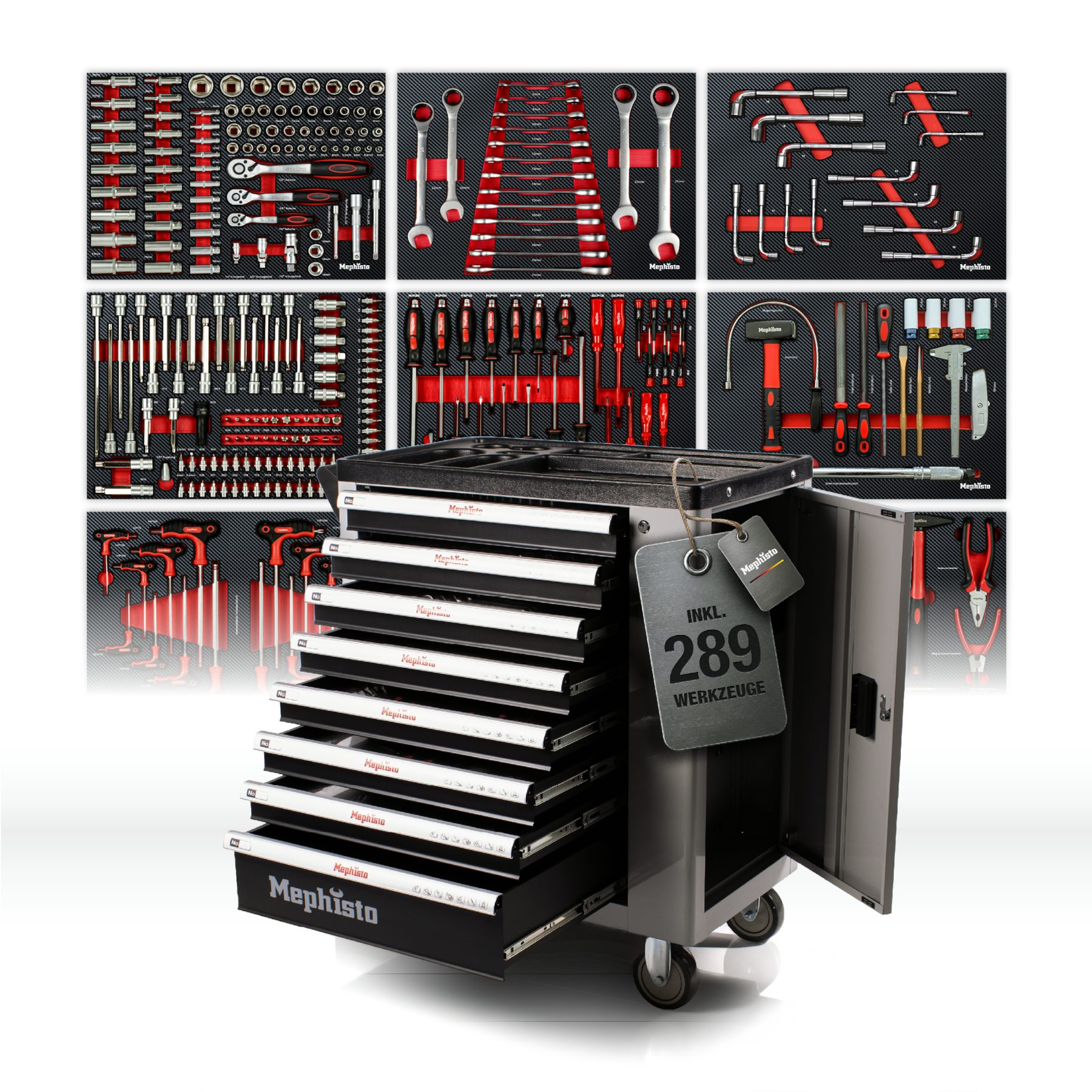 Mephisto-Tools Werkzeugwagen, (fertig montiert und bestückt), Schubladen abschließbar und bis zu 35 kg belastbar, 2 Schlüssel inkl.