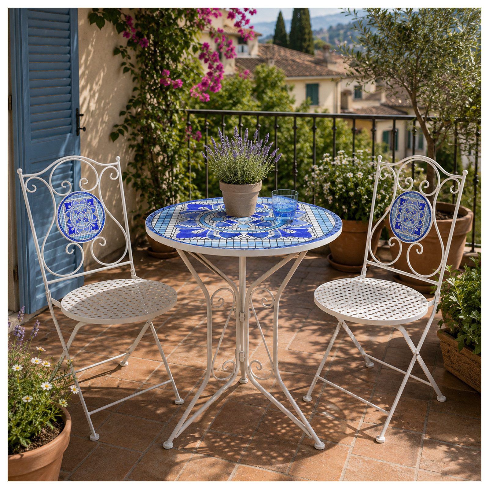 HTI-Living Garten-Essgruppe Sitzgruppe Metall Bistro Set Santorin für Balkon und Terrasse, (Set, 3-tlg., 1 Tisch 2 Stühle), Sitzgruppe Essgruppe Balkonset