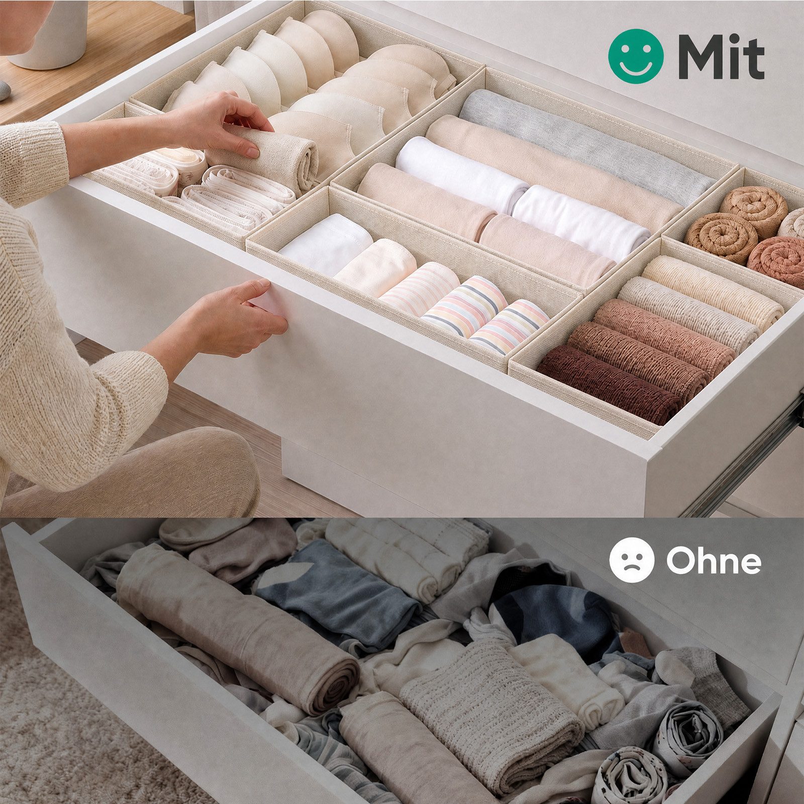 Sekey Aufbewahrungsbox Aufbewahrungsboxen Set us Vliesstoff Faltbare Stoffboxen Organizer (12 St), Beige S (28×28×13×4, 14×28×13×4, 14×14×13×4) – für Schubladen/Regale