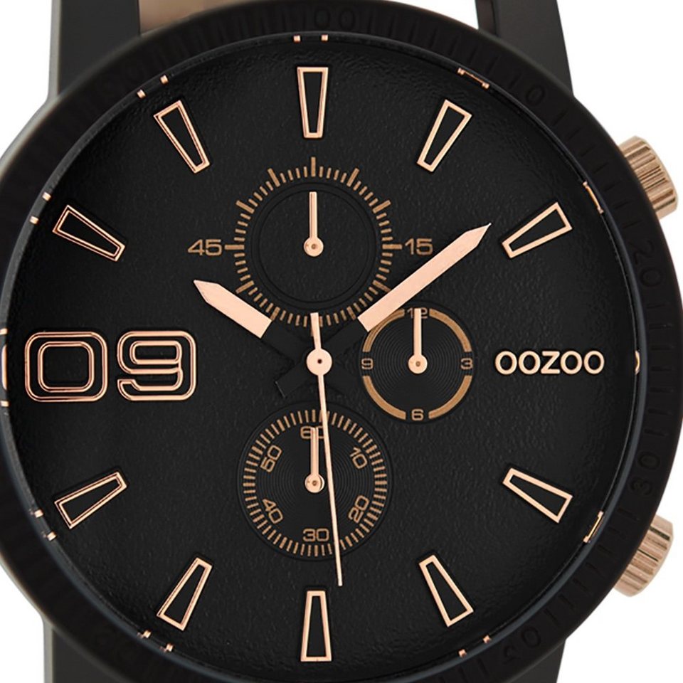 Lederarmband, Analog, rund, Oozoo Casual-Style, schwarz OOZOO Armbanduhr groß Quarzuhr Herrenuhr roségoldene (ca. Indizes 50mm) extra Herren