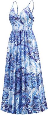 BlauWave Dirndl Damen Bohemian gedrucktes langes Kleid sexy V-Ausschnitt Träger Kleid (Set, 1-tlg., Lang Strandkleid Elegant Hawaii Kleid Damen) Boho Kleid Blumenmuster