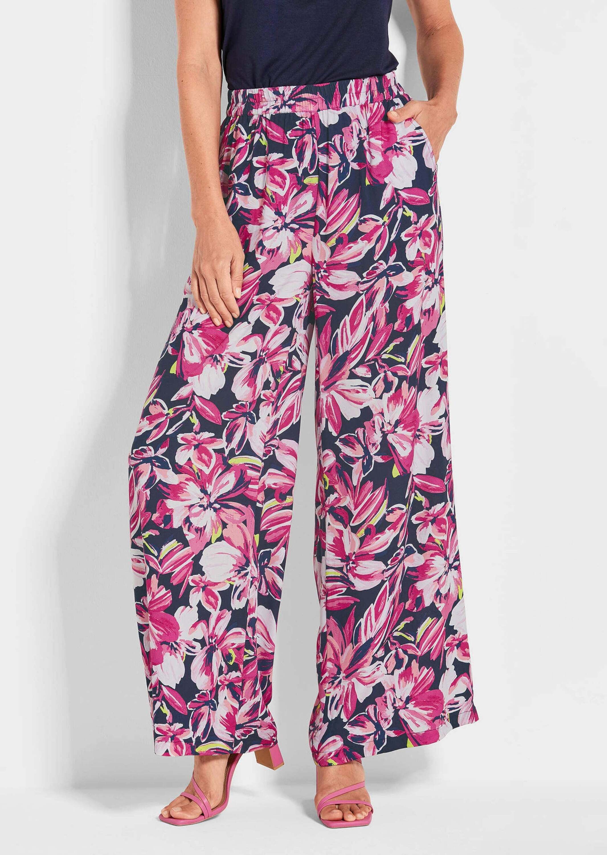 GOLDNER Schlupfhose Kurzgröße: Elegante Hose VERA mit Blütendruck Weite Hose mit floralem Muster und Dehnbund