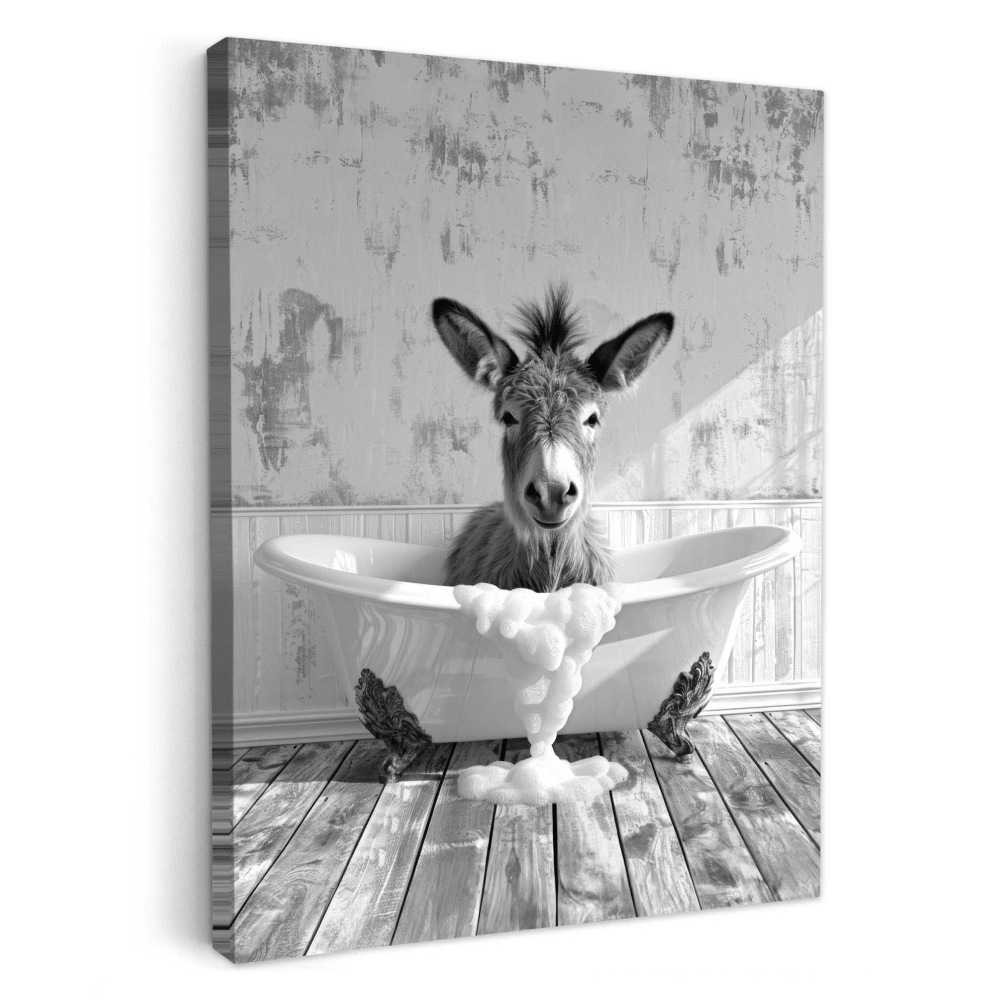 OneMillionCanvasses® Leinwandbild Esel - Tier - Vintage - Badewanne - Schwarz - Weiß, Fotodruck (1 St), Badezimmer Deko, Bilder Bad, Gäste WC Wanddeko 30x40 cm