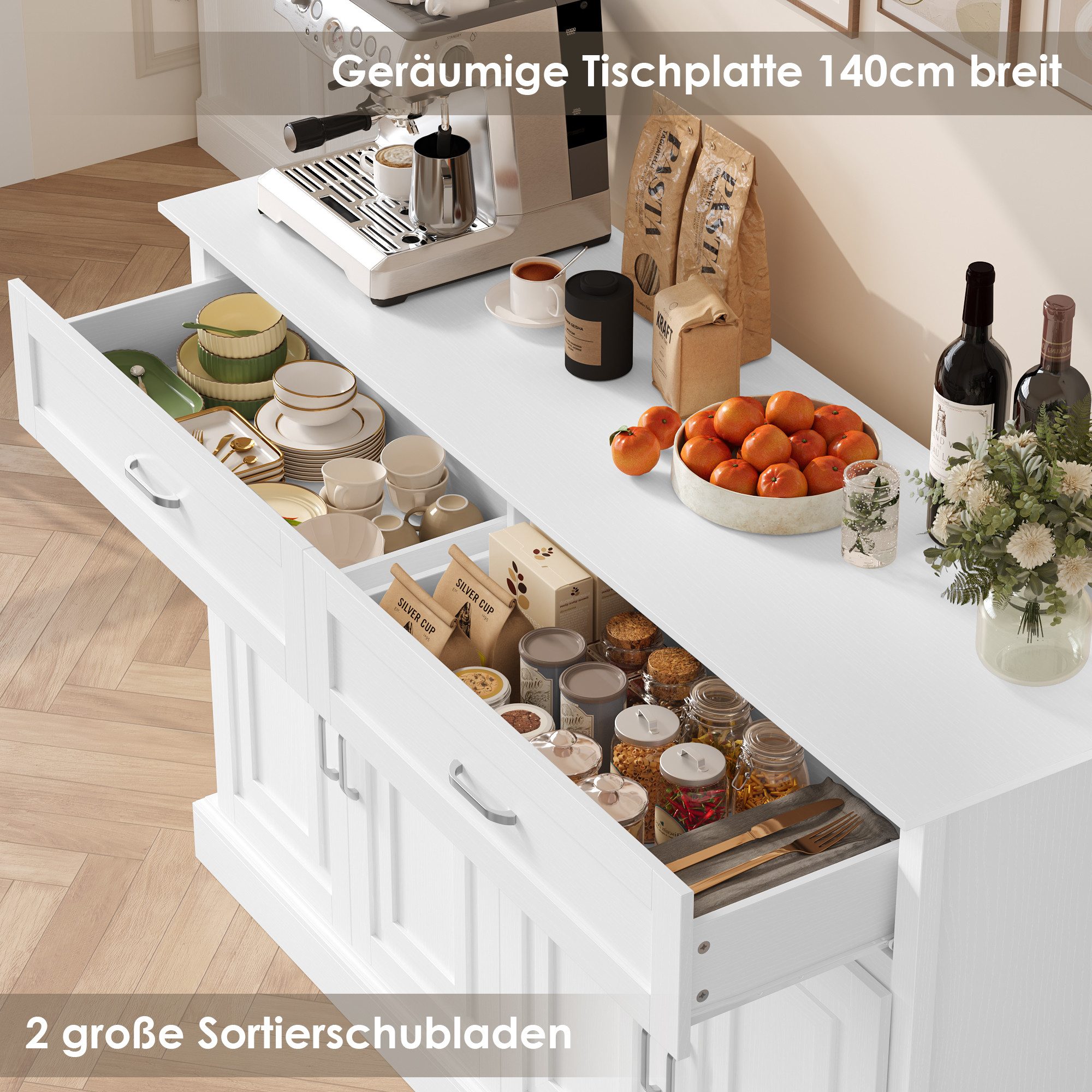 Homfa Sideboard Breite 140cm Küchenschrank Buffetschrank, mit Arbeitsplatte, verstellbaren Regalen, 140x39,5x92,5cm – Bild 5 von 5