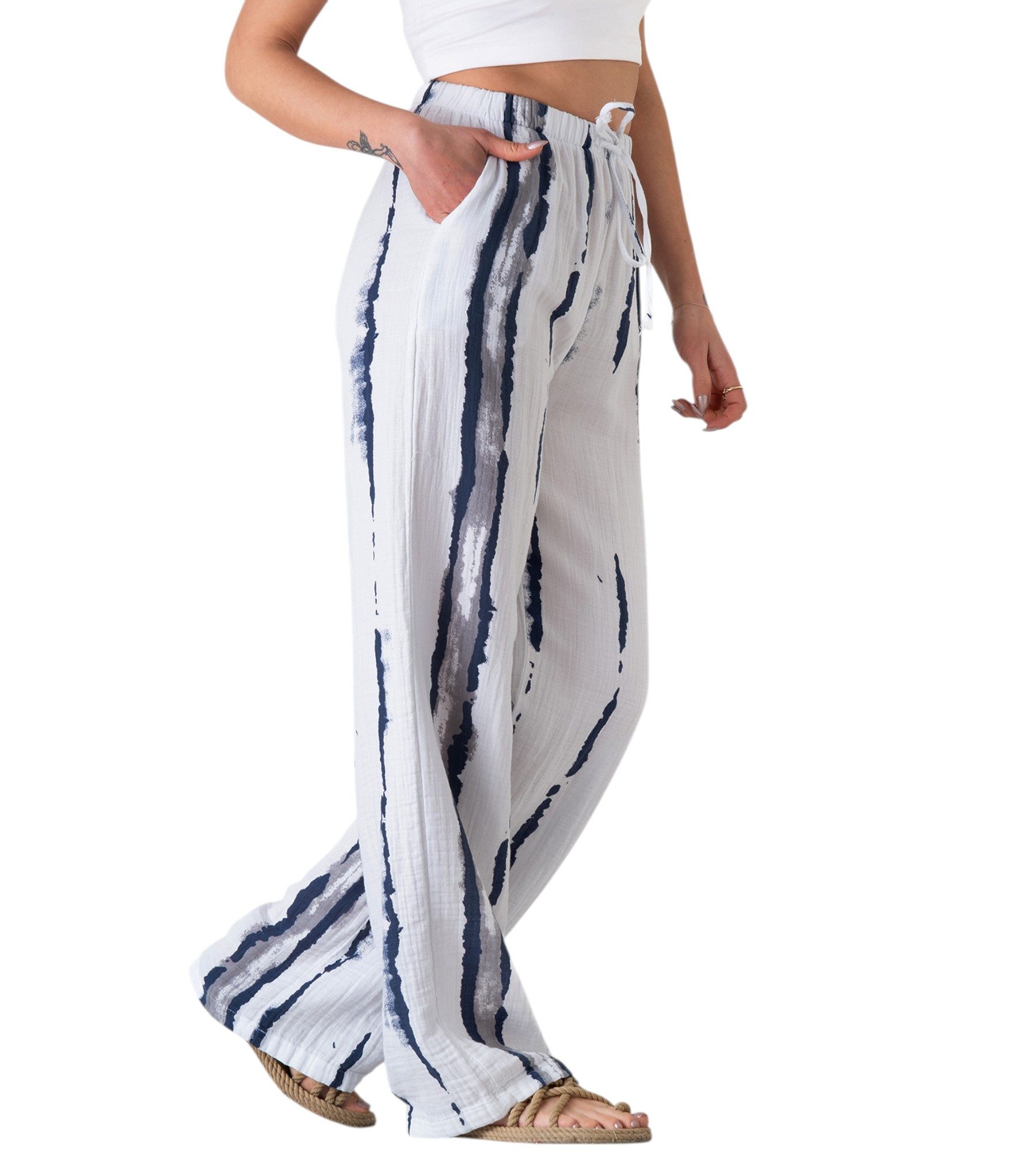 WENOR Palazzohose Musselin, Batik-Druck, 100 % Baumwolle, elastisch, Petrolblau & Grau