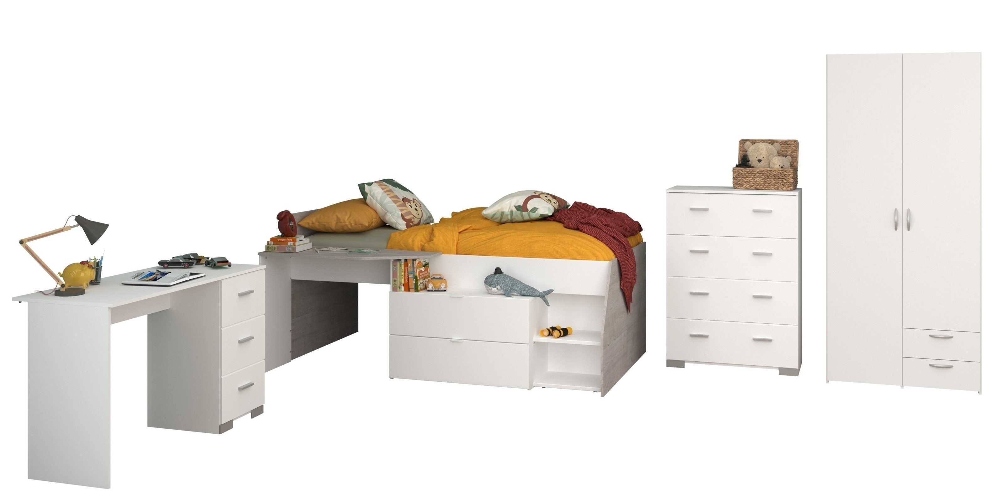 Parisot Jugendzimmer-Set Parisot Milky 11, 4-teilig, Bett, Kleiderschrank, Kommode, Schreibtisch, in Weiss / Grey