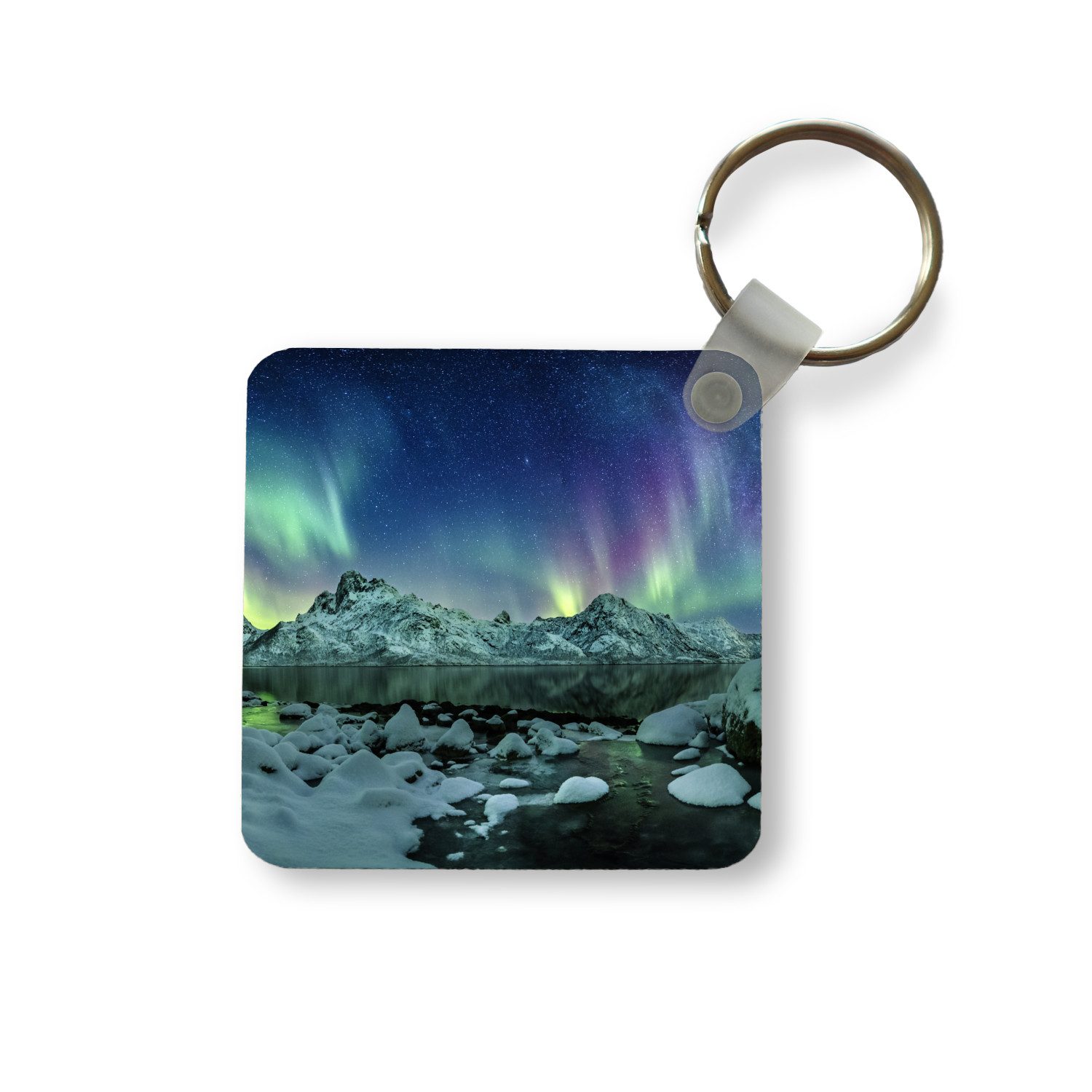 MuchoWow Schlüsselanhänger Meer - Eis - Nordlicht - Winter - Natur, Quadratisch, Accessoire Auto / Haus / Rucksack / Handtasche, 5x5 cm