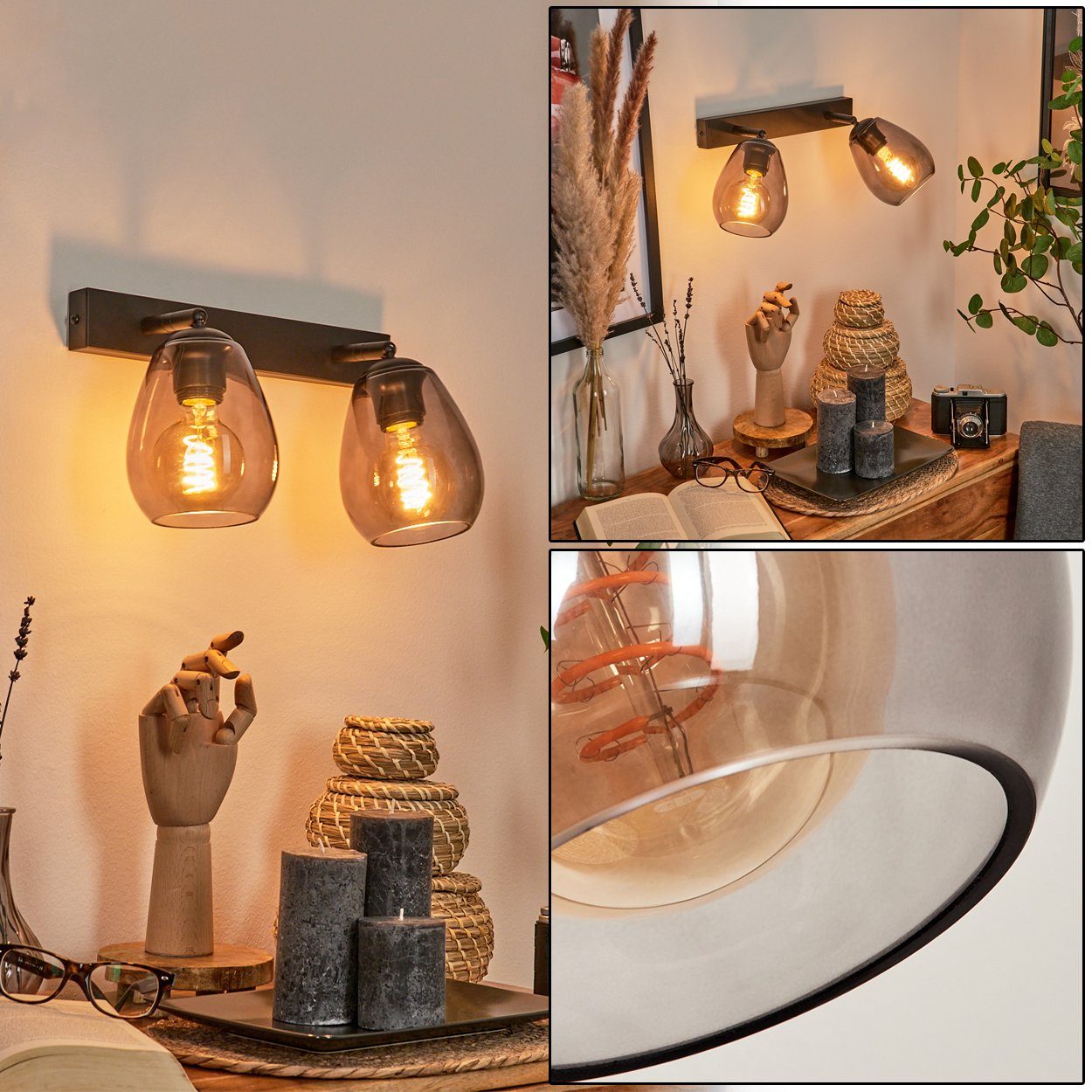 in mit »Longostagno« Spots Leuchtmittel, Wandleuchte Wandlampe aus 2 Moderne Leselampe Schwarz/Rauchglas, 2xE27, verstellbaren Metall/Glas ohne hofstein