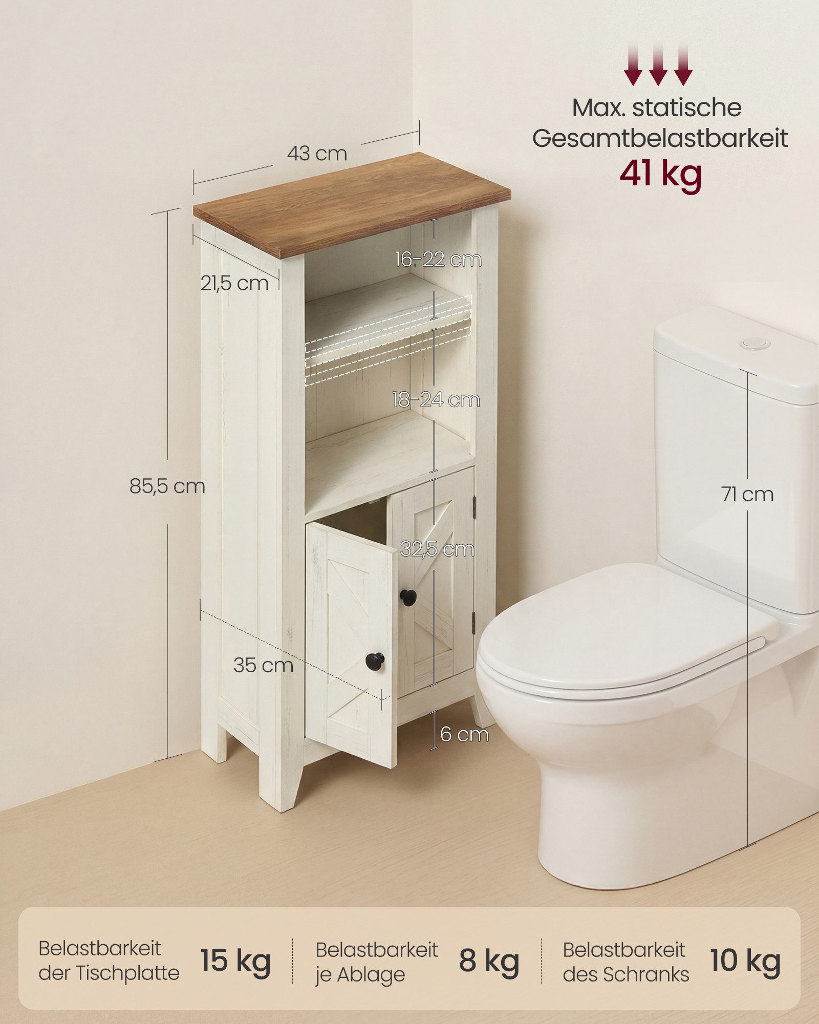 VASAGLE Badkommode Aufbewahrungsschrank Badschrank im Landhausstil, verstellbare Ablage, für Badezimmer, im Landhausstil, schmal, offene Fächer, mit Türen – Bild 4 von 5
