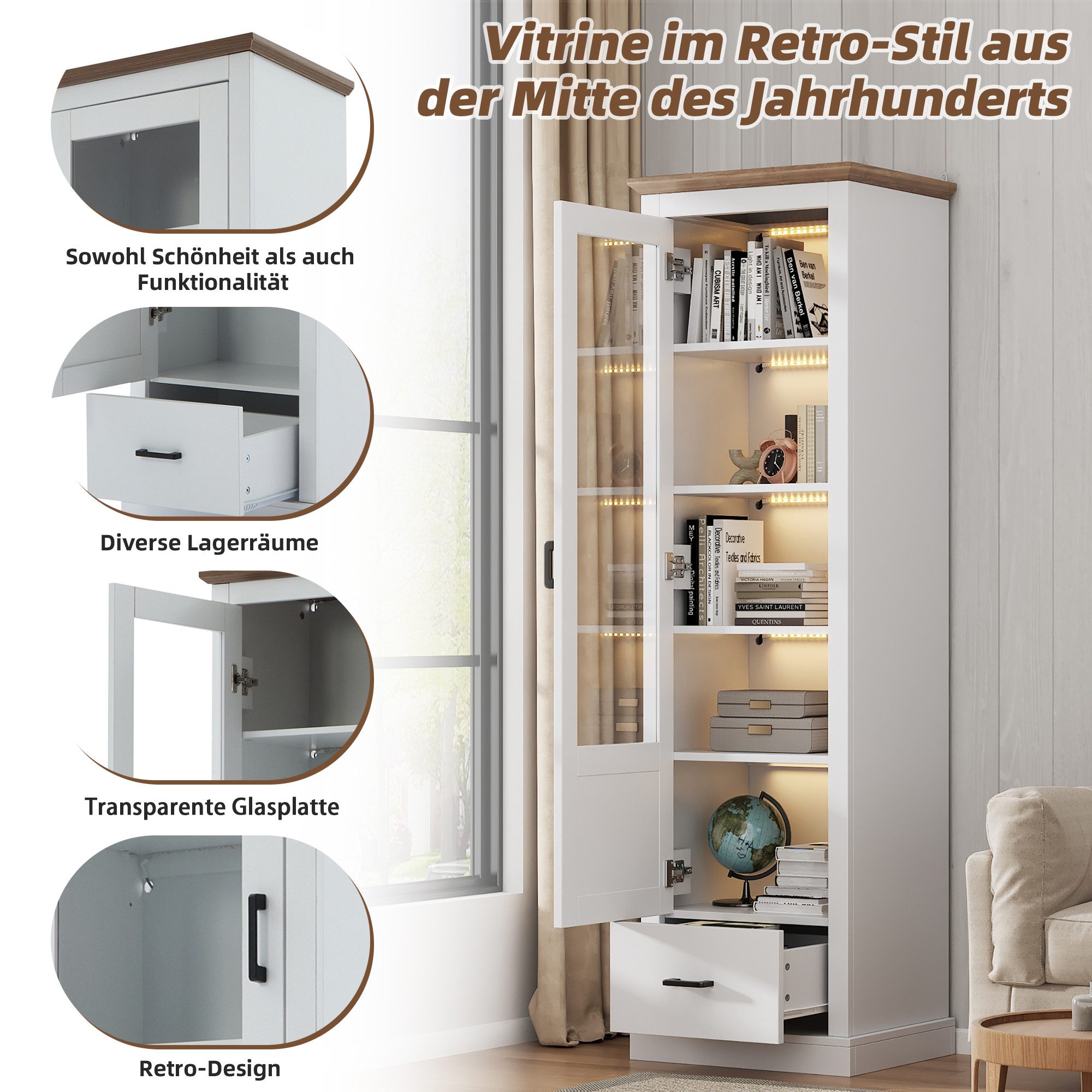 Merax Standvitrine schmal Vitrinen mit LED und USB-Anschluss (inkl.Fernbedienung, 1-St., Hochschrank Standregal Schrank Vitrine) Vitrinenschrank mit verstellbar – Bild 5 von 5