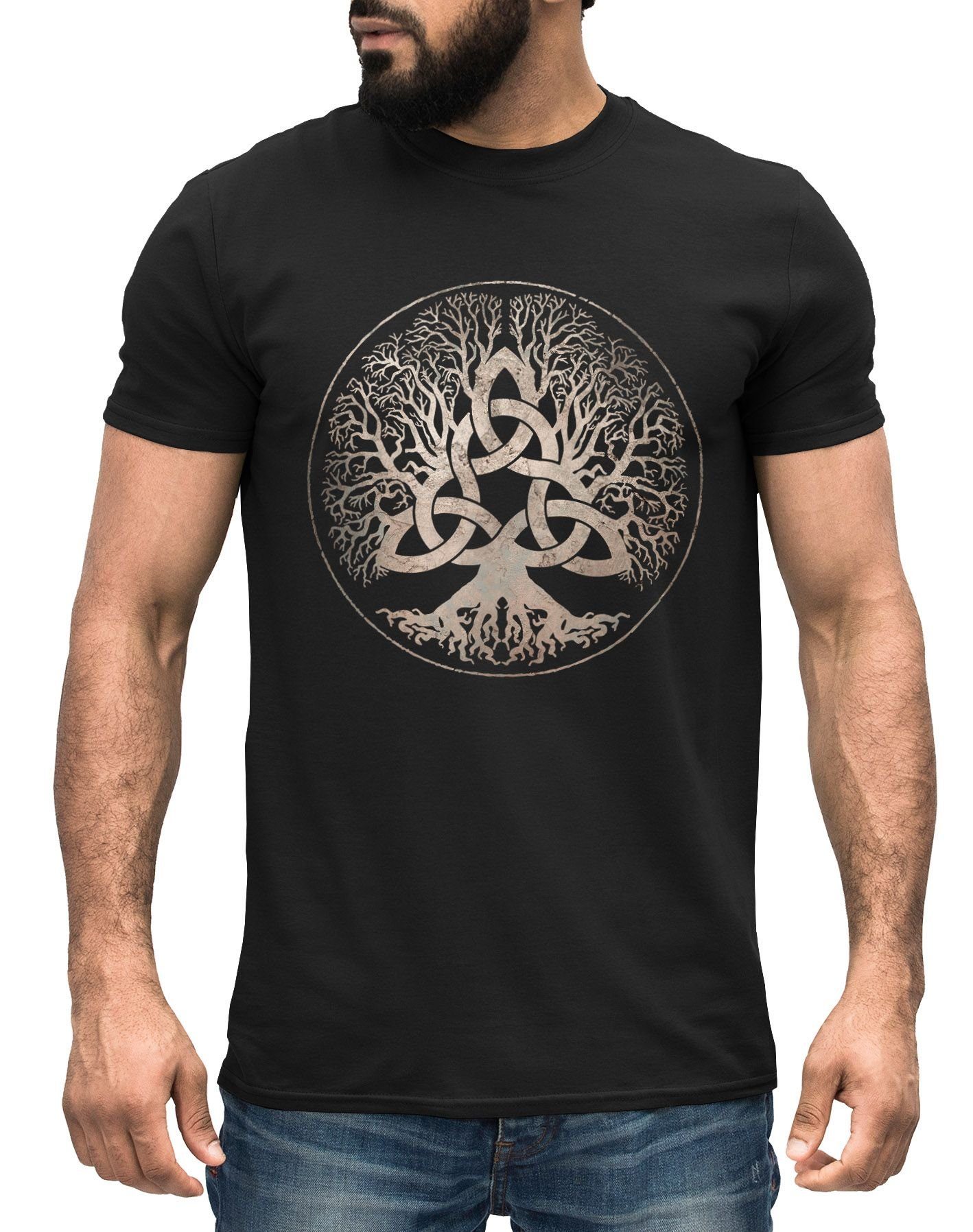 Götter Mythologie Neverless® Wikinger mit Neverless nordische Yggdrasil Print-Shirt Kelten Germanen Herren T-Shirt Weltenbaum Print Asgard