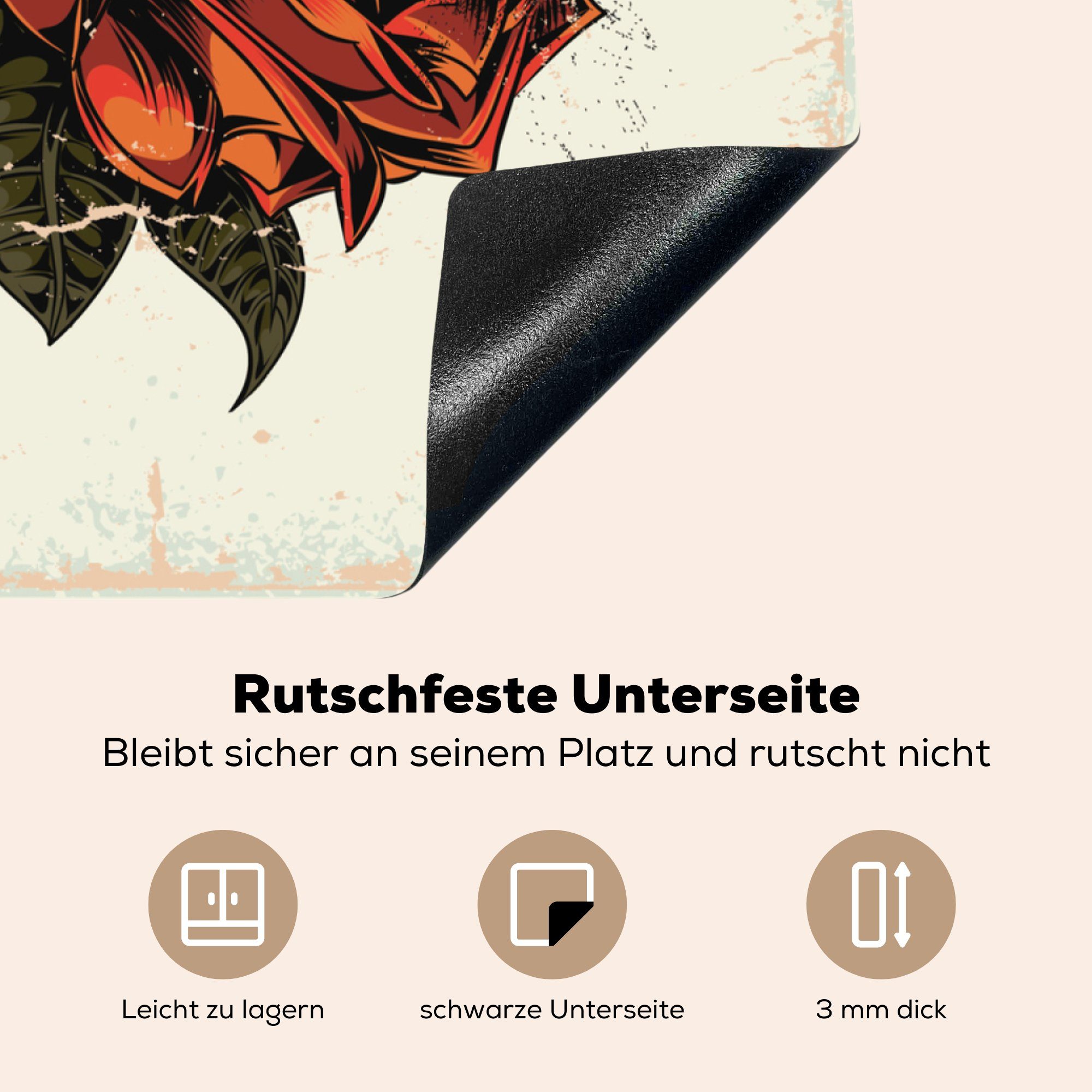 für Vinyl, MuchoWow Arbeitsplatte Totenkopfes Ceranfeldabdeckung, cm, tlg), 78x78 Revolvern, mit Herdblende-/Abdeckplatte eines Rosen küche Illustration (1 und Eine