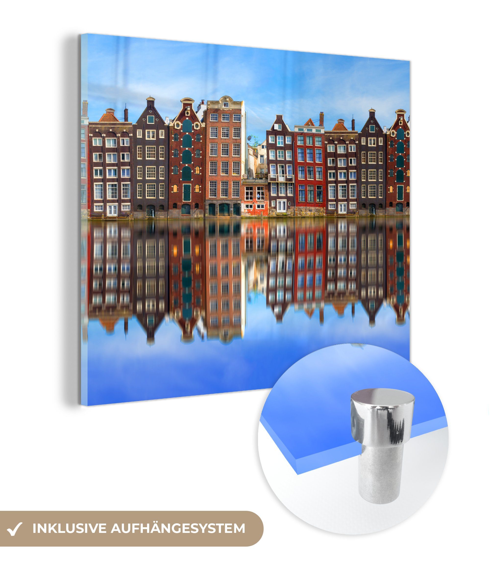MuchoWow Acrylglasbild Spiegelung der Amsterdamer Grachtenhäuser, (1 St), Glasbilder - Bilder auf Glas Wandbild - Foto auf Glas - Wanddekoration