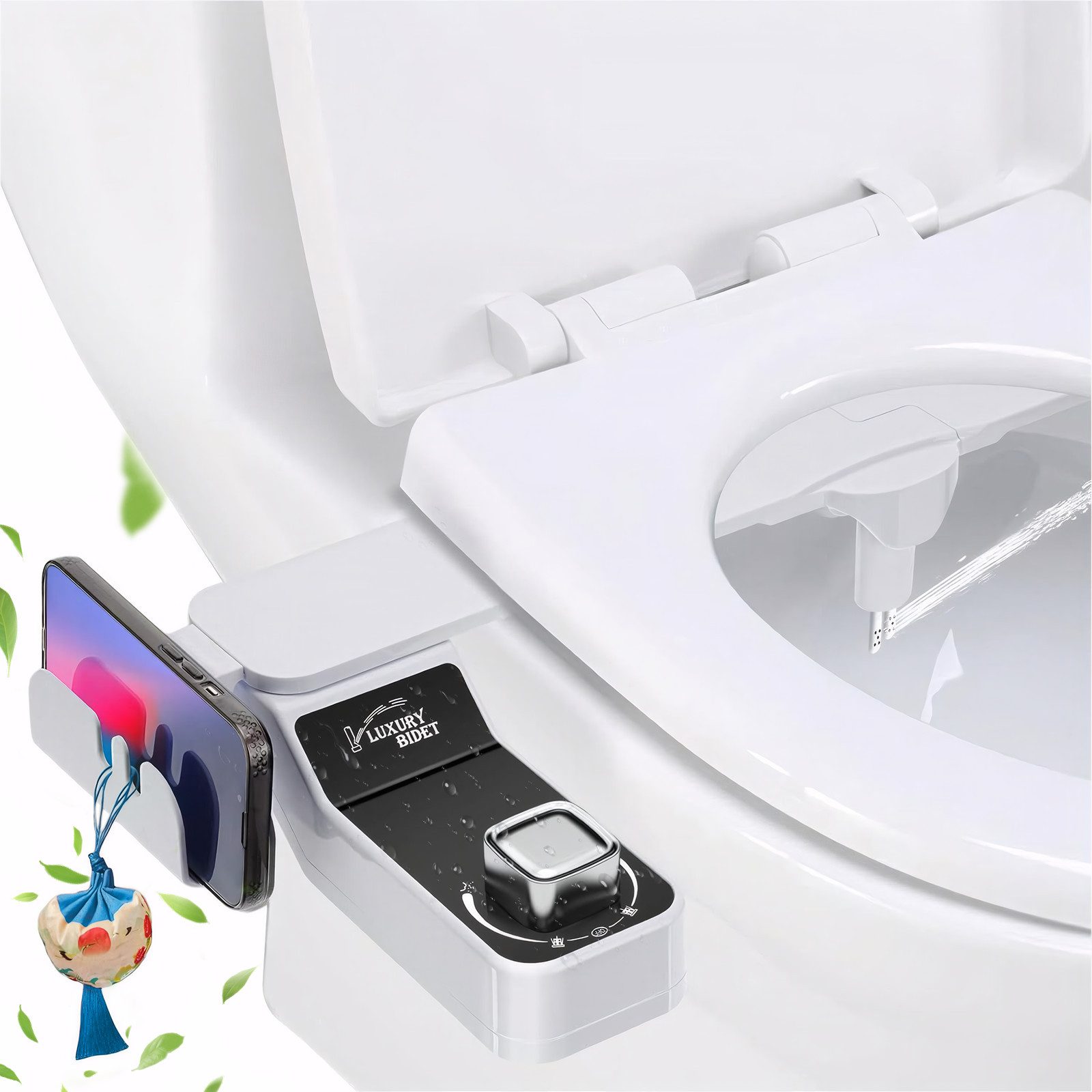 MOPUEA Bidet Bidet-Aufsatz für Bidetaufsatz Toilettensitz mit Regalhake Doppeldüsen, Toilettenmontage, Kaltwasseranschluss Abgang, 1 tlg., Doppeldüsen-Reinigungsmodus