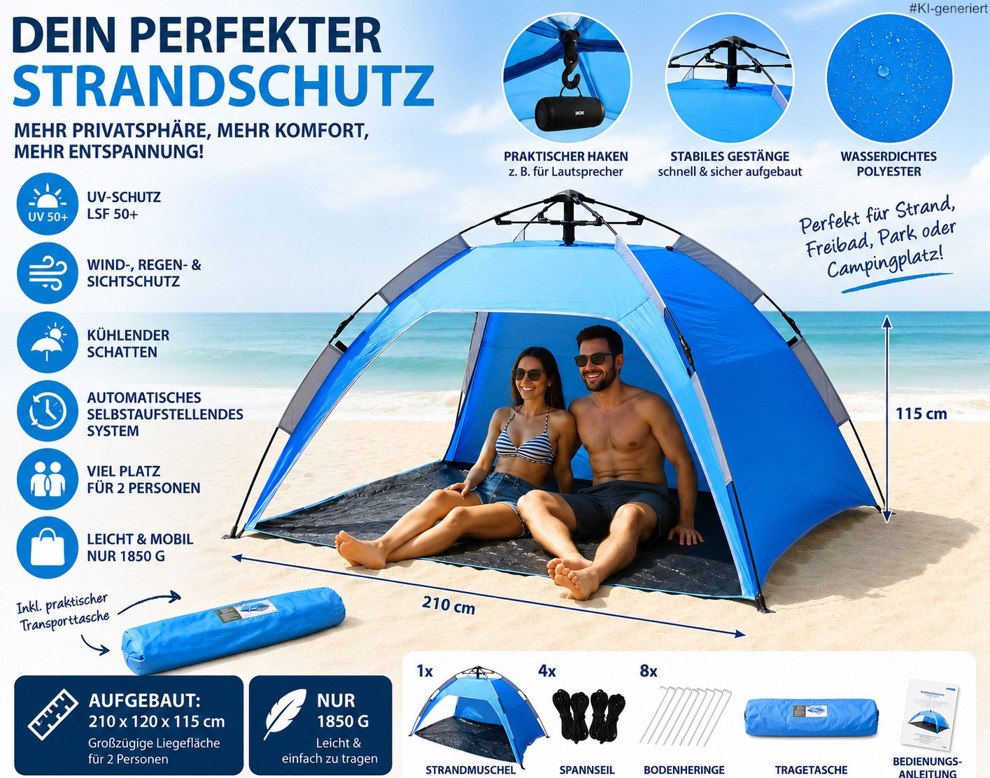 Strandmuschel mit Seilzugtechnik, Strandzelt für