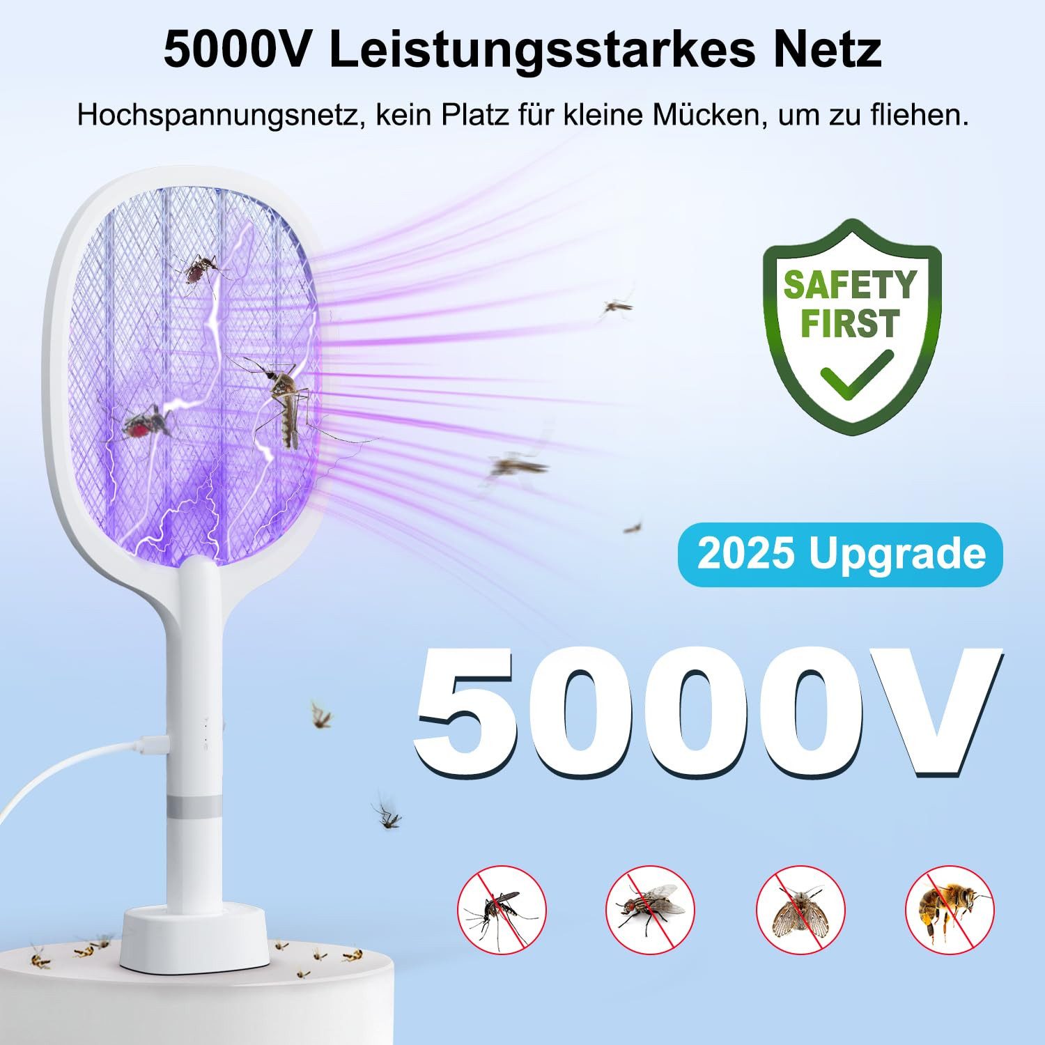 Athlix Fliegenklatsche 5000V Elektrische Fliegenklatsche Mückenklatsche mit Akku Aufladbar, Manueller Betrieb & UV-Licht-Modus für stationären Einsatz
