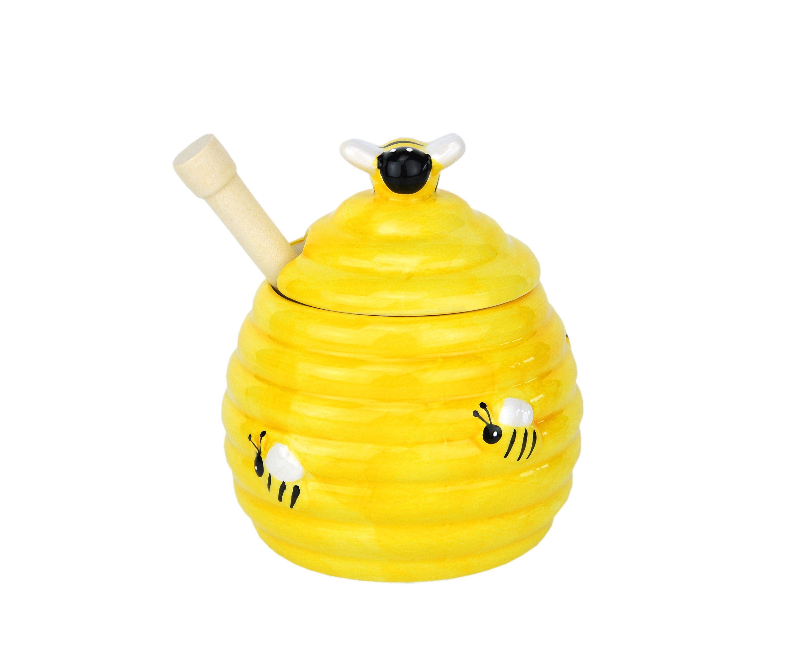 MamboCat Vorratsglas Honigtopf mit Honiglöffel Bienenstockoptik Keramik Honig Honigheber, Steingut