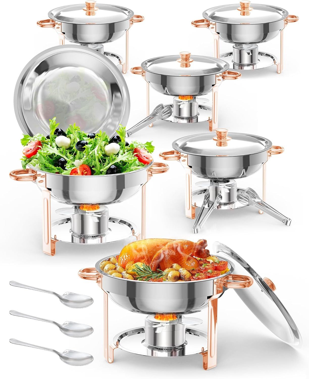 GarveeMore Speisenwärmer 5L runde Edelstahl-Chafing-Dishes und Warmhaltebehälter, (6-tlg), Speisenwärmer Roségold mit Glasdeckel für Catering,Partys,Abendessen