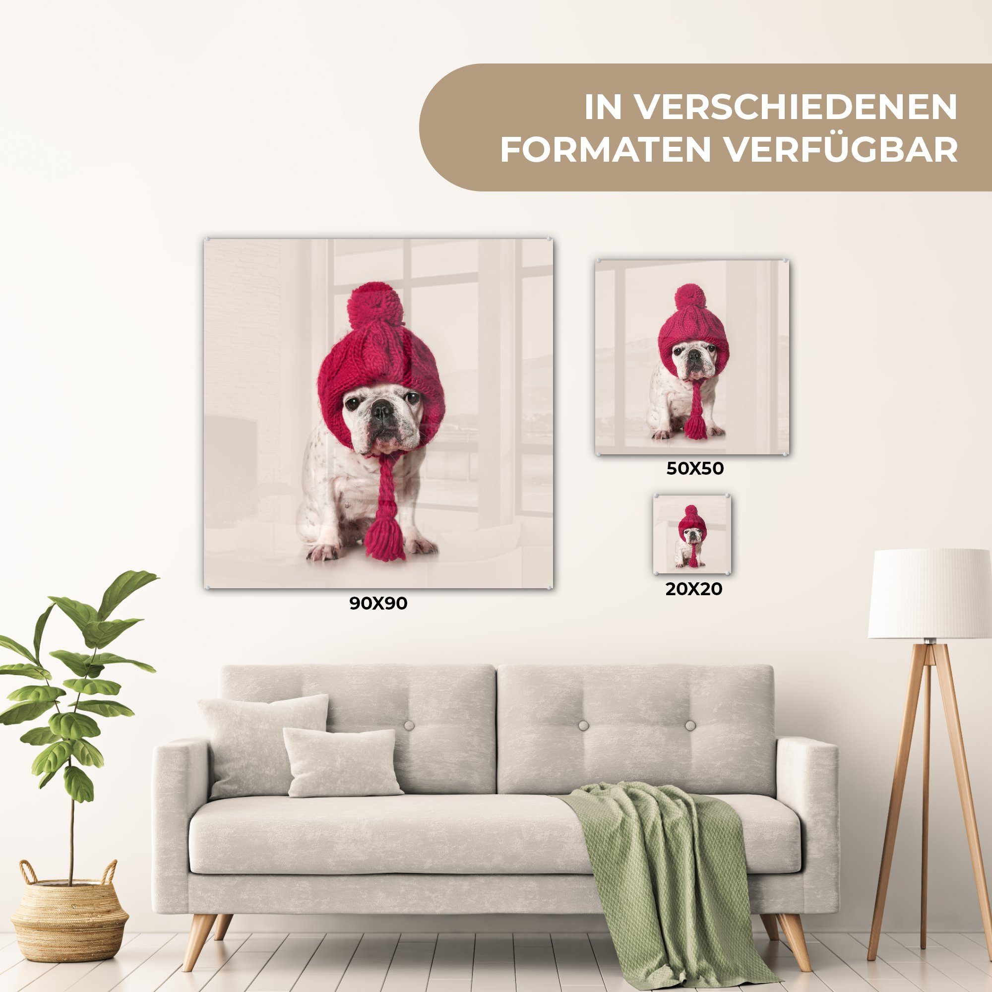 Foto Wollmütze, - (1 Glas MuchoWow Glas auf Glasbilder Acrylglasbild Bilder St), Wandbild auf - - Bulldogge mit Wanddekoration Französische