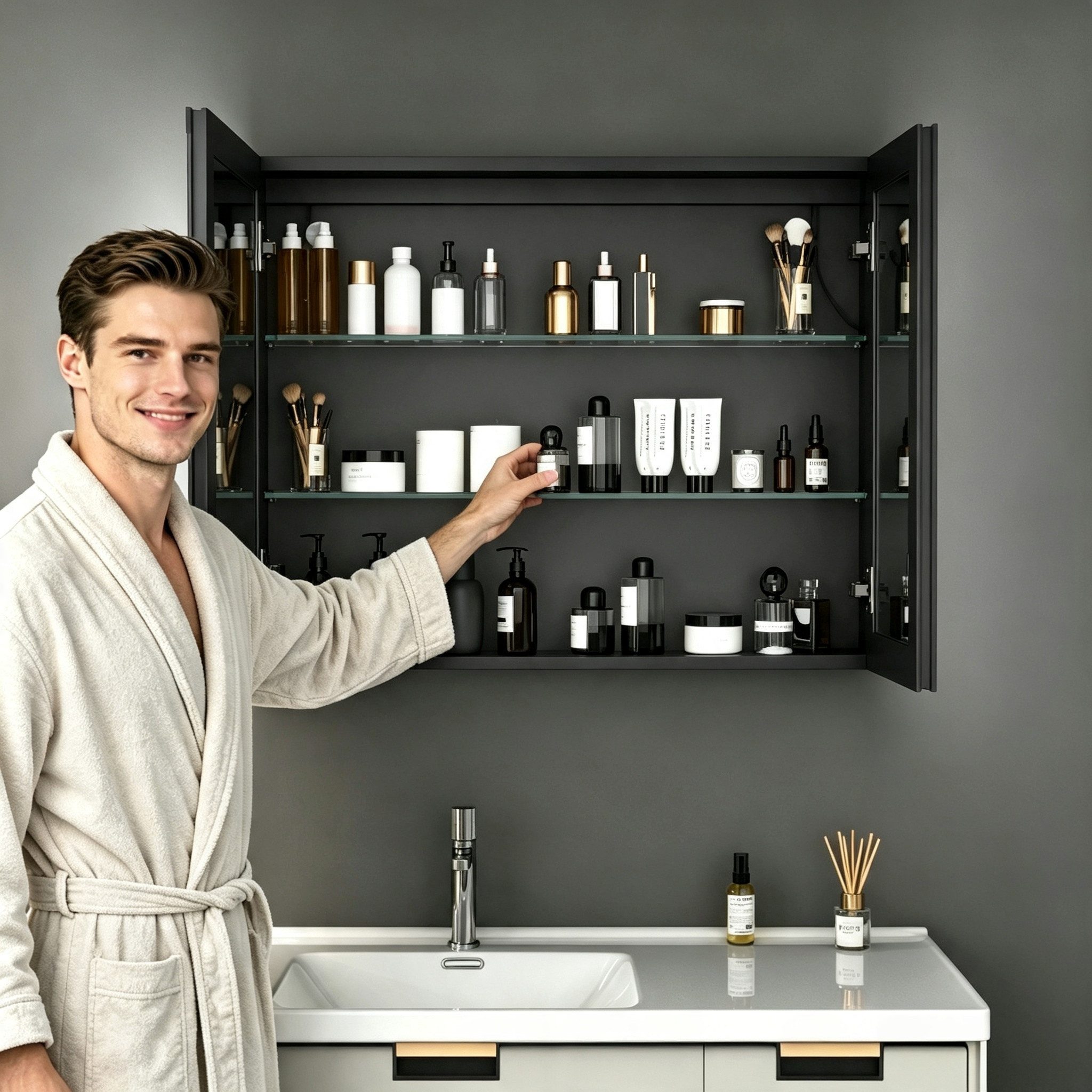 WDWRITTI Spiegelschrank Aluminum Badezimmerspiegelschrank 80cm breit mit LED Beleuchtung (Badschrank Schwarz matt 2-türig, 80x13,5x60cm) Doppelseitiger HD-Spiegel, Kaltweiß, Neutral, Warmweiß