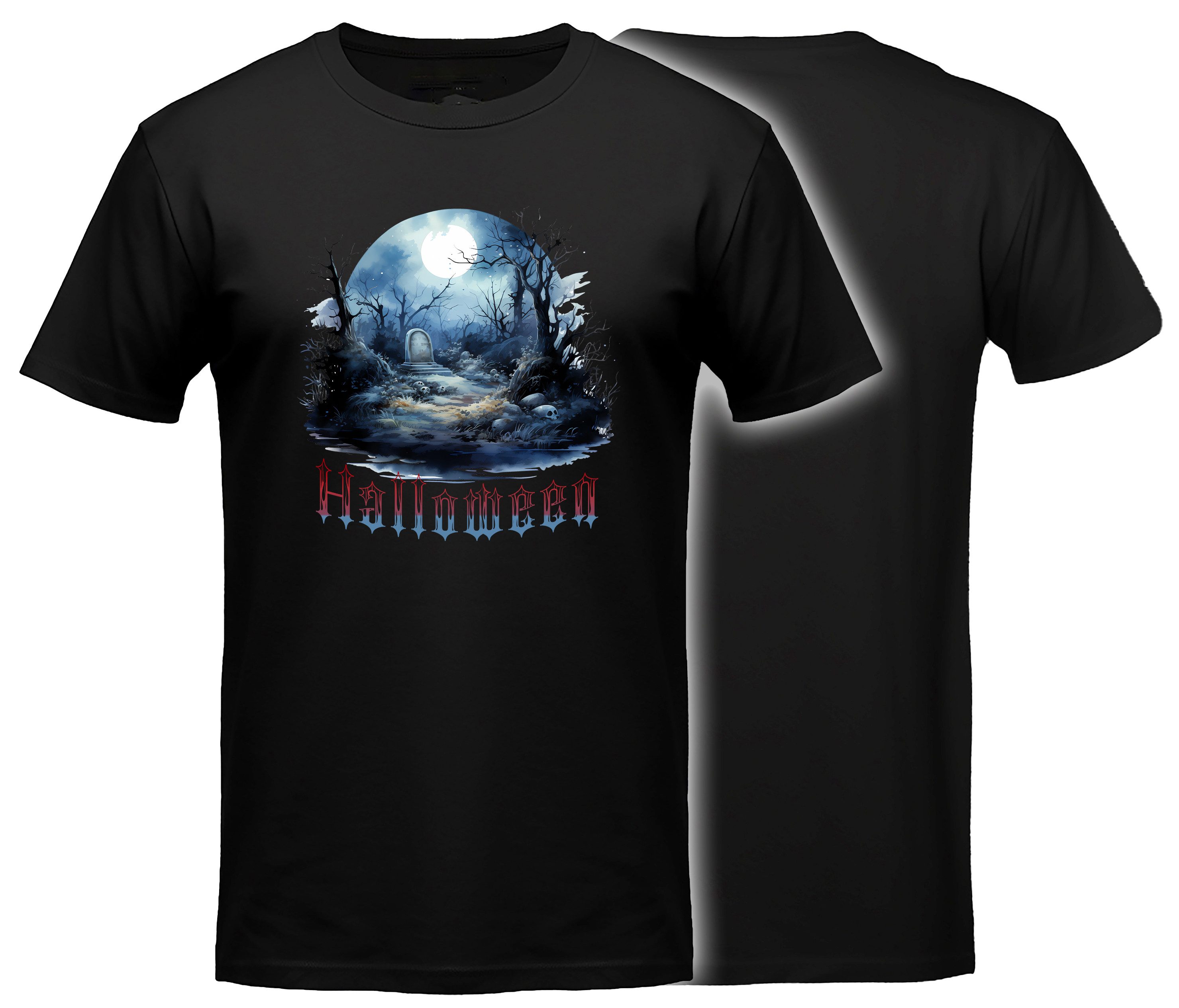 MyDesign24 T-Shirt Gothic kurzarm Shirt - Gruseliger Friedhof Halloween T-Shirt schwarz Regular Fit Gr.S i401