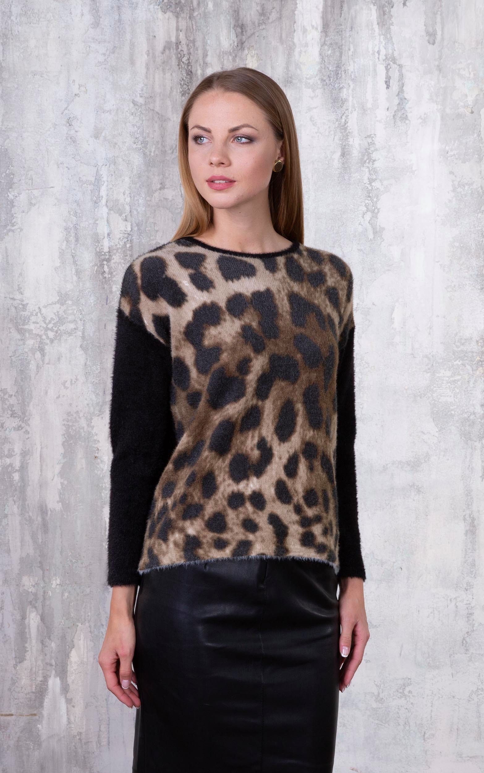 Passioni Strickpullover mit Leo-Muster Casual mit Rundhalsausschnitt günstig online kaufen