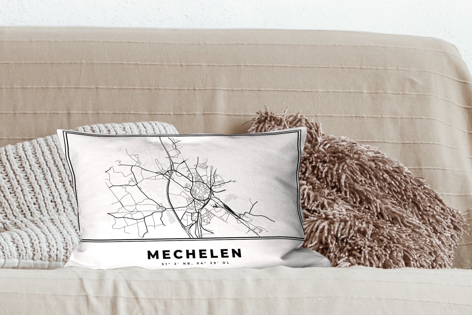 MuchoWow Dekokissen Belgien - - Wohzimmer - weiß - Mechelen Dekoration, Stadtplan und Füllung, Schlafzimmer Zierkissen, - mit Karte, Dekokissen Karte Schwarz
