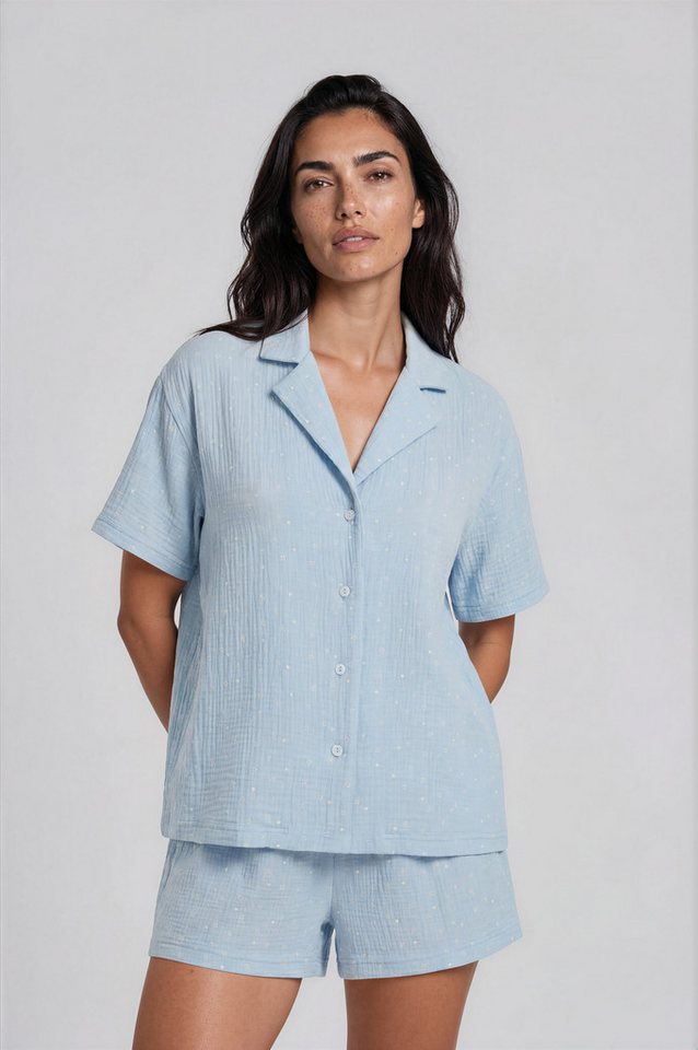 Mademoiselle Sommeil Shorty Pyjama für Damen aus feinem Musselin mit Knopfleiste (Set, 2 tlg) aus 100 % Baumwolle mit Reverskragen & Herz-Blüten-Print