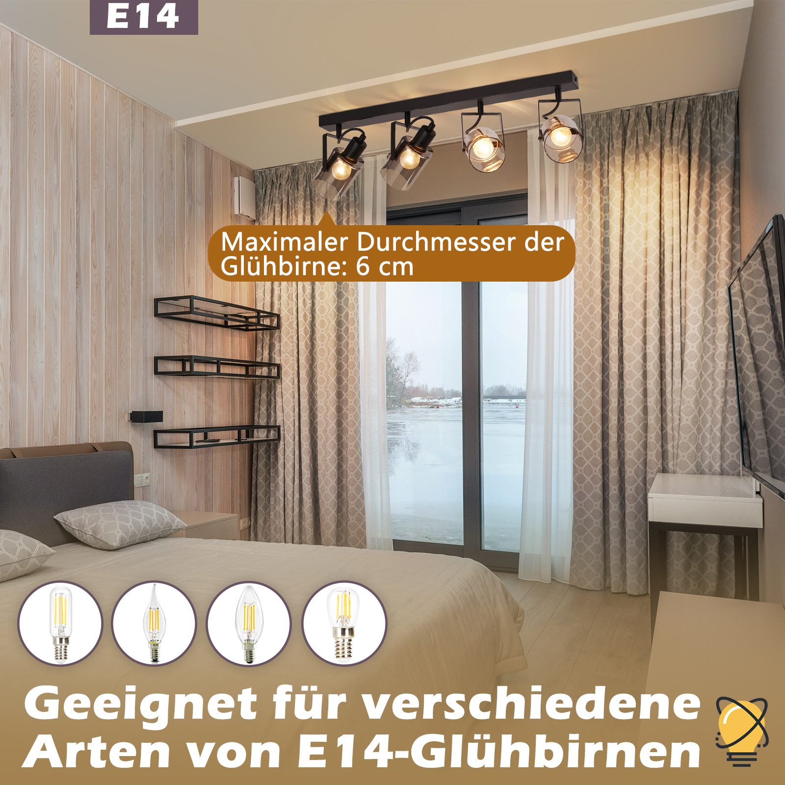 Nettlife Deckenstrahler Vintage 1/2/3/4 flammig Deckenspot Glas Rauchgrau E14, 350° Schwenkbar, ohne Leuchtmittel, für Wohnzimmer Schlafzimmer Flur Küche Esszim – Bild 3 von 5