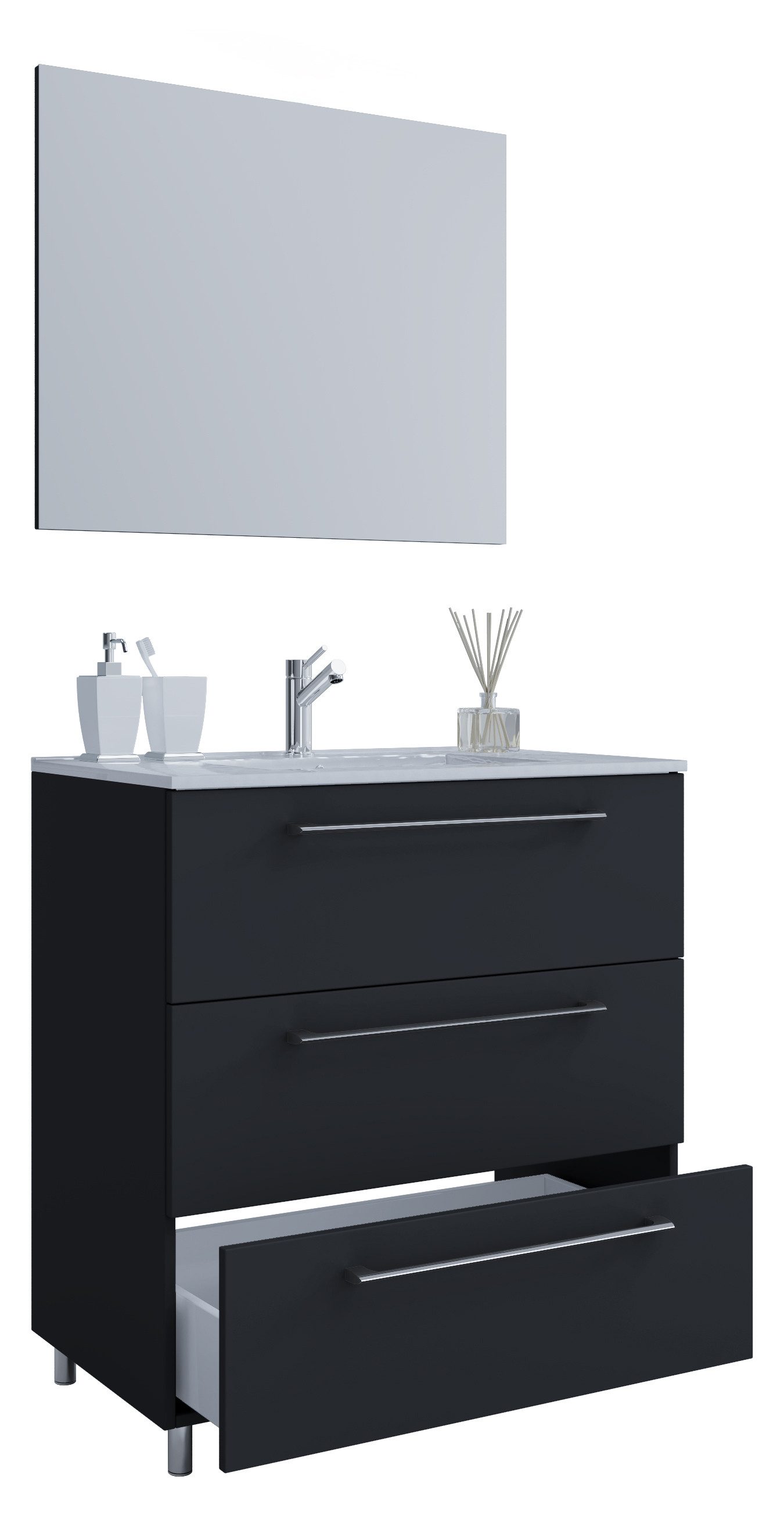 VCM Waschtisch 3 teilig Badmöbel-Set Waschplatz Badinos (Set, 3-St., 1x Unterschrank 1x Waschbecken 1x Spiegel)