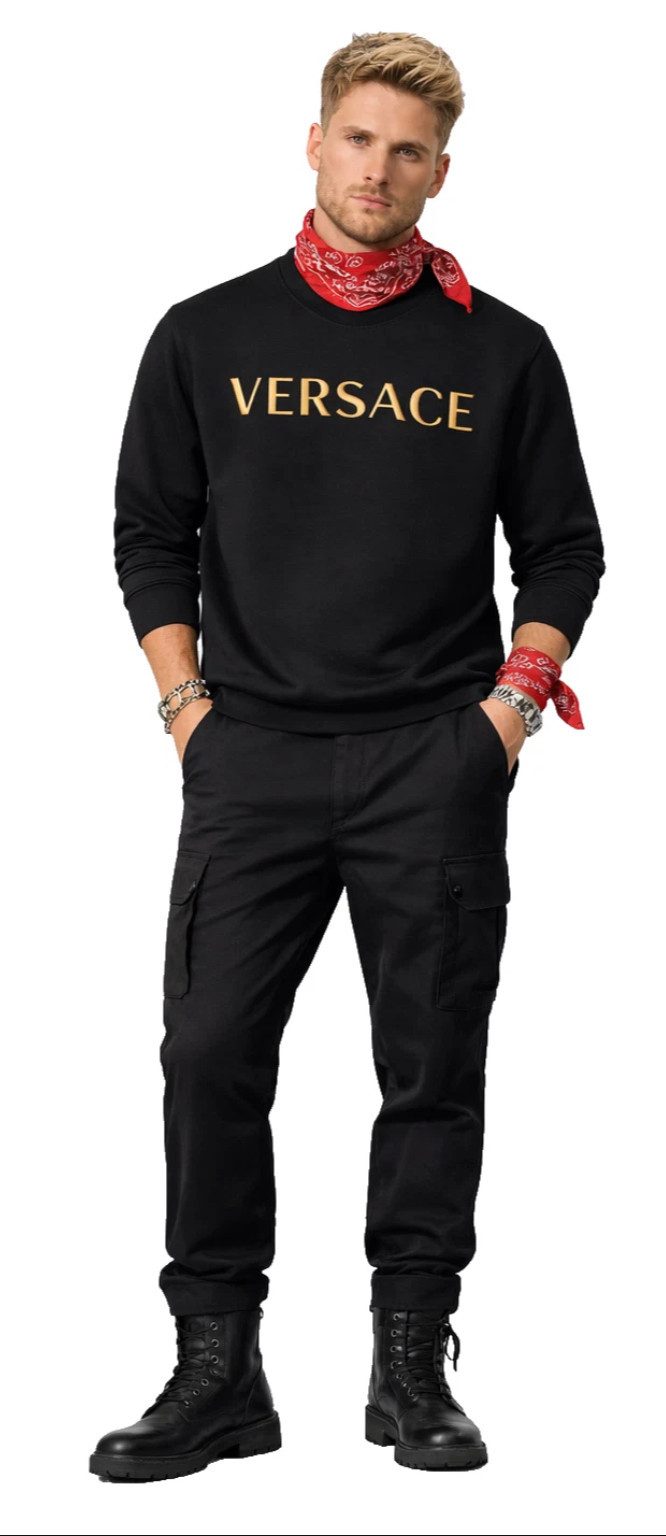 Versace Sweatshirt Stickerei Gold Logo Pullover Gebürstetes Stoff Teil der Versace Mainline, Extravagant, Atmungsaktives Material