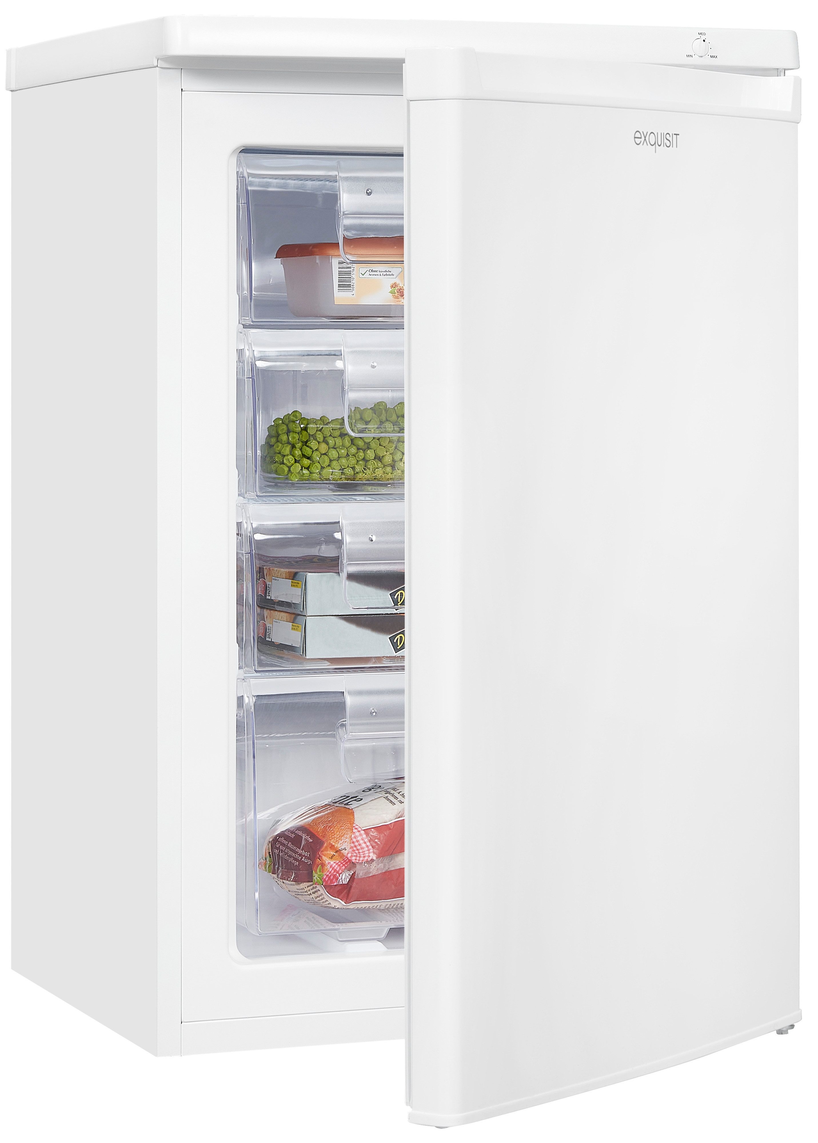 exquisit Gefrierschrank GS80-040E weiss, 85,5 cm hoch, 55 cm breit, 4*-Gefrierschrank mit ergonomischer Griffmulde – bequem zu öffnen