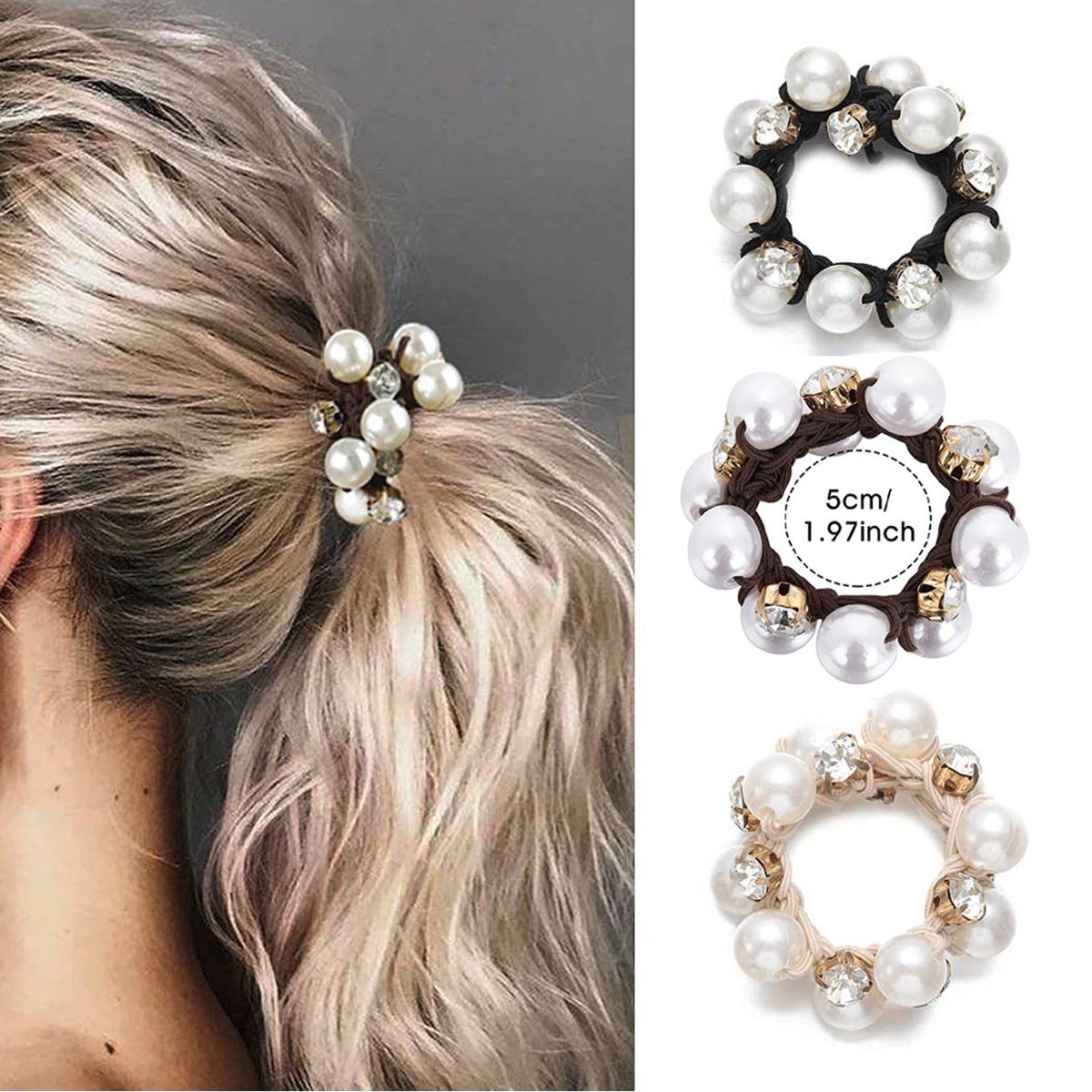 Scrunchies Haargummi Perlen,Elastisches mit Jormftte Mehrfarbig3 Haargummi Damen und für Mädchen