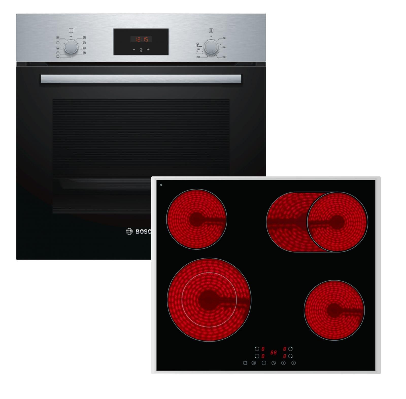 BOSCH Backofen-Set Teleskopauszug Versenkknebel 3D + PKM Glaskeramikkochfeld Bräterzone, mit 1-fach Teilauszug