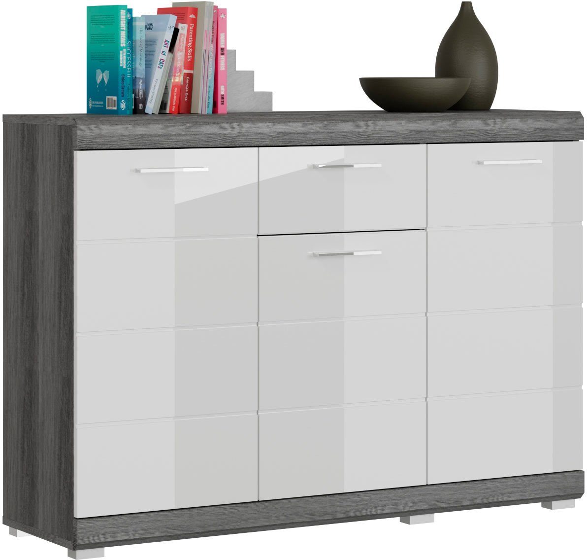Home affaire Kommode SIENA, Breite 120 cm, 3 Türen, 1 Schubkasten, 5 Einlegeböden, 8 Fächer (hochwertige Rillenfräsung in MDF Front), Schuhkommode, Schuhschrank, Anrichte, Sideboard