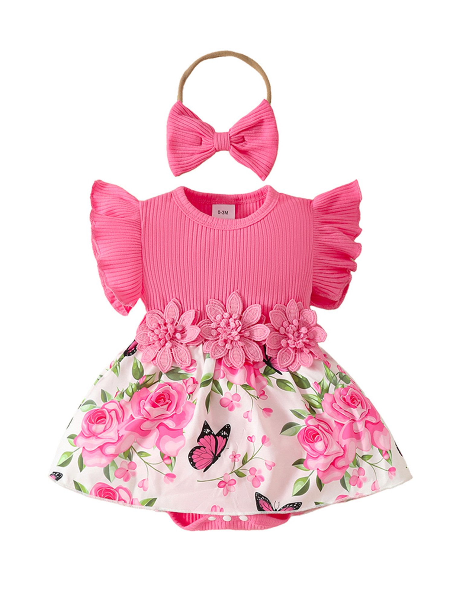 Lapastyle Strampler Neugeborenes Kurzarm Blumen Strampler & Haarband Outfits Baby Mädchen (Set, 2-tlg) Babykleidung mit Rüschen Sommerkleid süß Partykleid Set