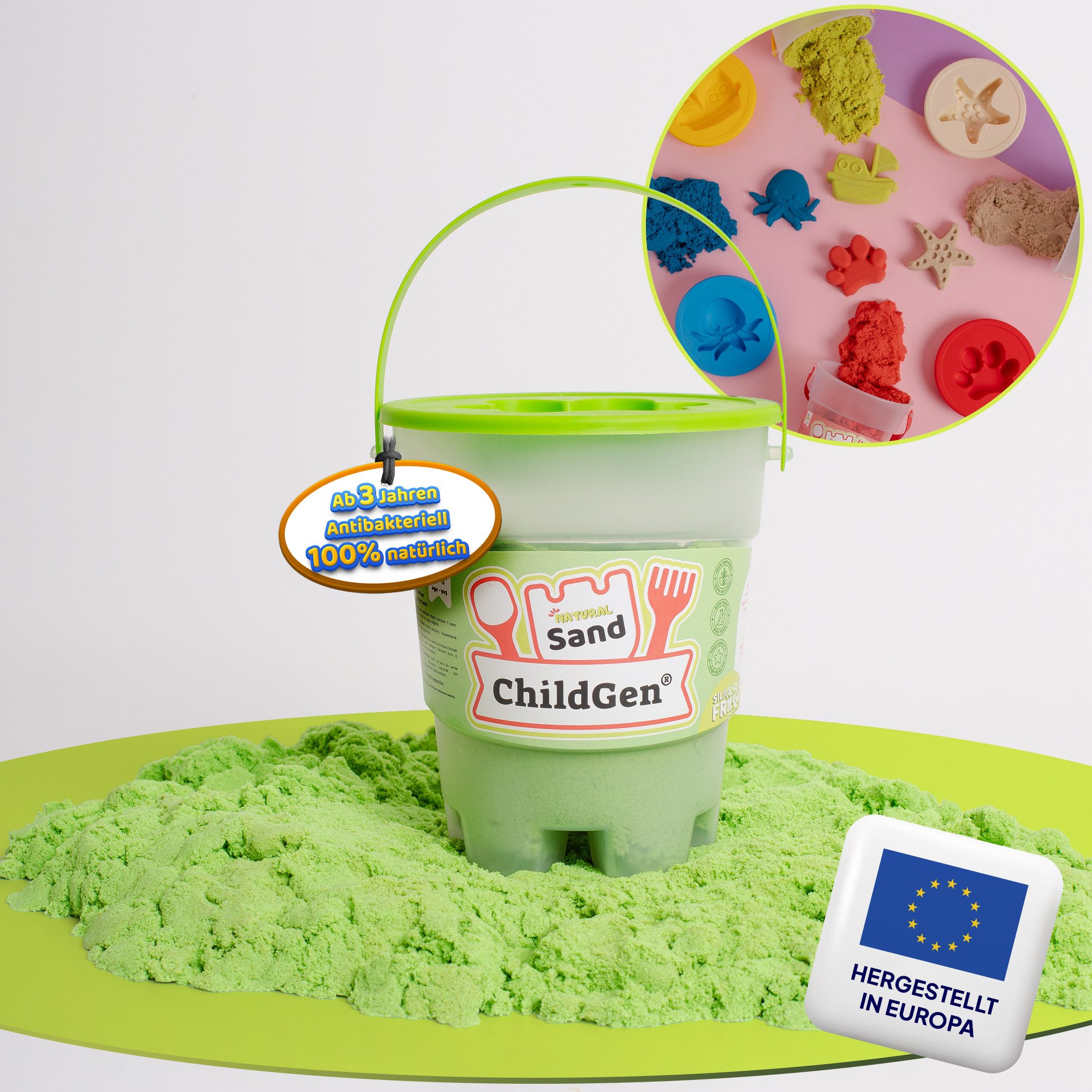ChildGen Sandkasten Kinetischer Sand, Natürlich, ungiftig, Magischer Sand, Magic Sand, (Sandkasten, Deckel mit Ausstehform, antibakteriell, Spielsand, Spielzeug Kinder ab 3 Jahren)
