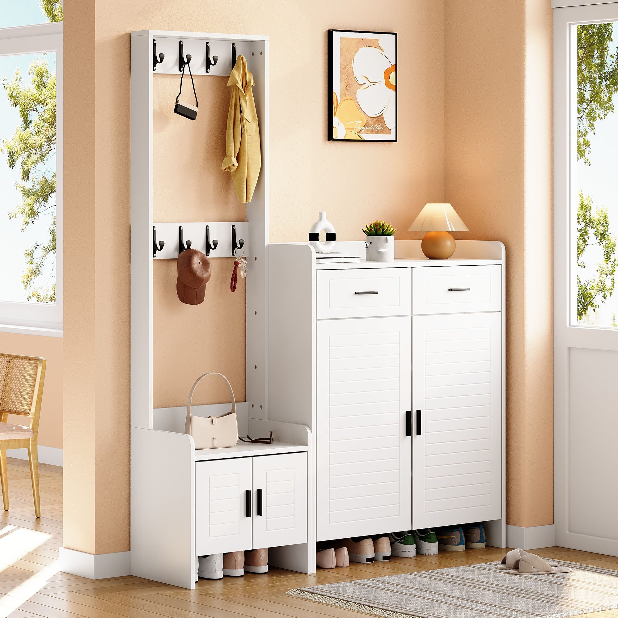Welltin Geräteschrank Weißer Flurschrank 125x36x165 cm, 2 Türen, Schubladen, Fächer, Haken