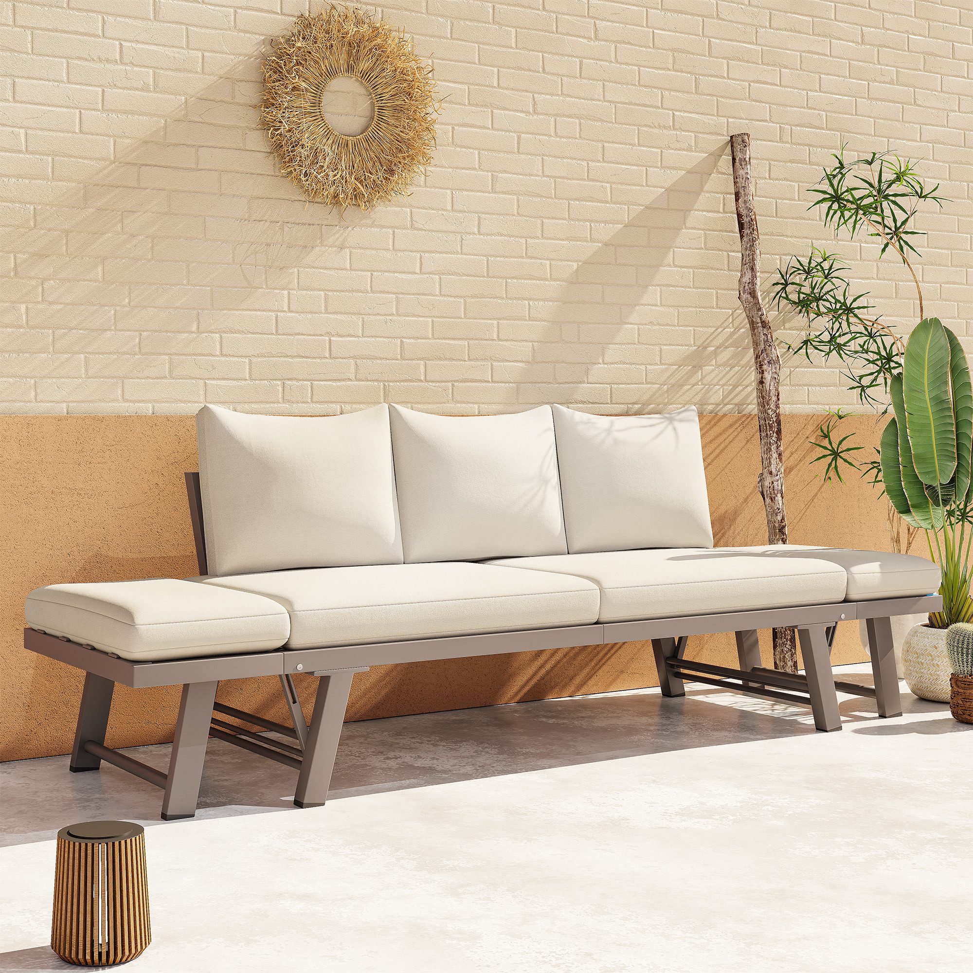 Flieks Balkonset, 3-Sitzer Gartenmöbel Gartensofa mit Liegefunktion (klappbare Armlehne)