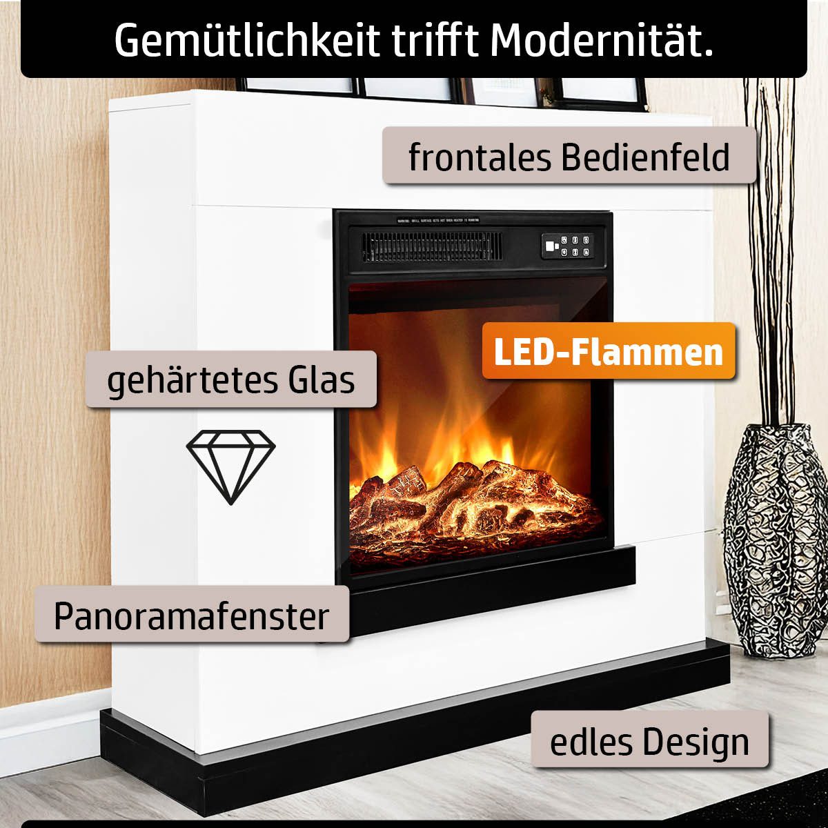 AMBINESS Elektrokamin 2 Heizstufen, 900W - 2000W, LED - 3D Flammeneffekt mit Farbwechsel, inkl. Fernbedienung Timer & Thermostat – Bild 3 von 5